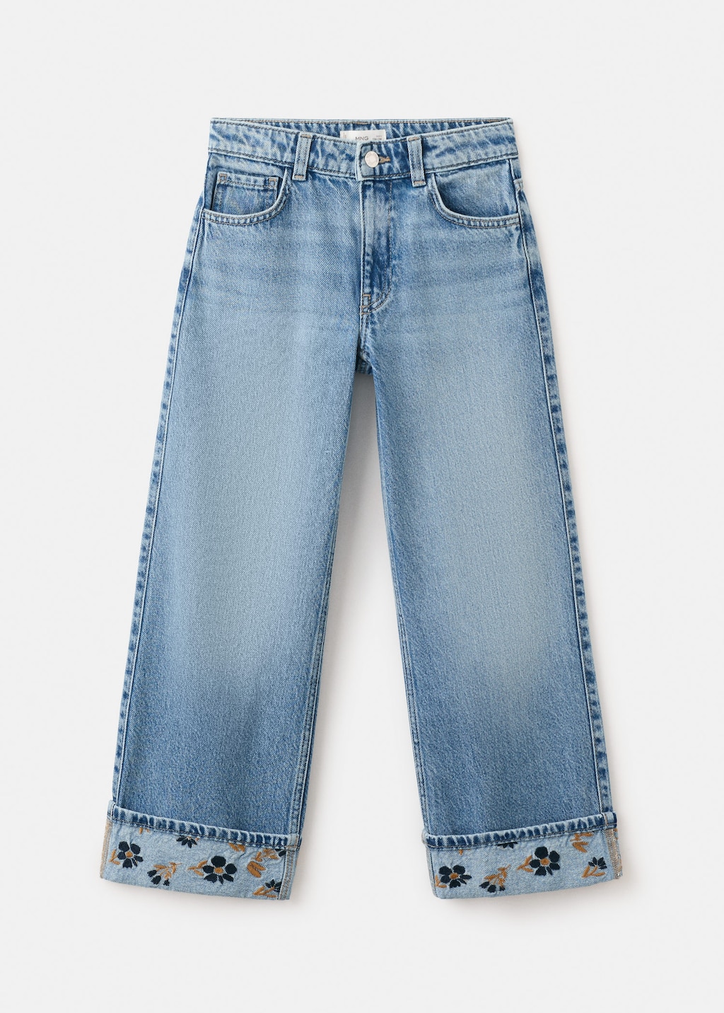 Mango Kids' Wide Leg Jeans With Turn-up Hem Medium Blue