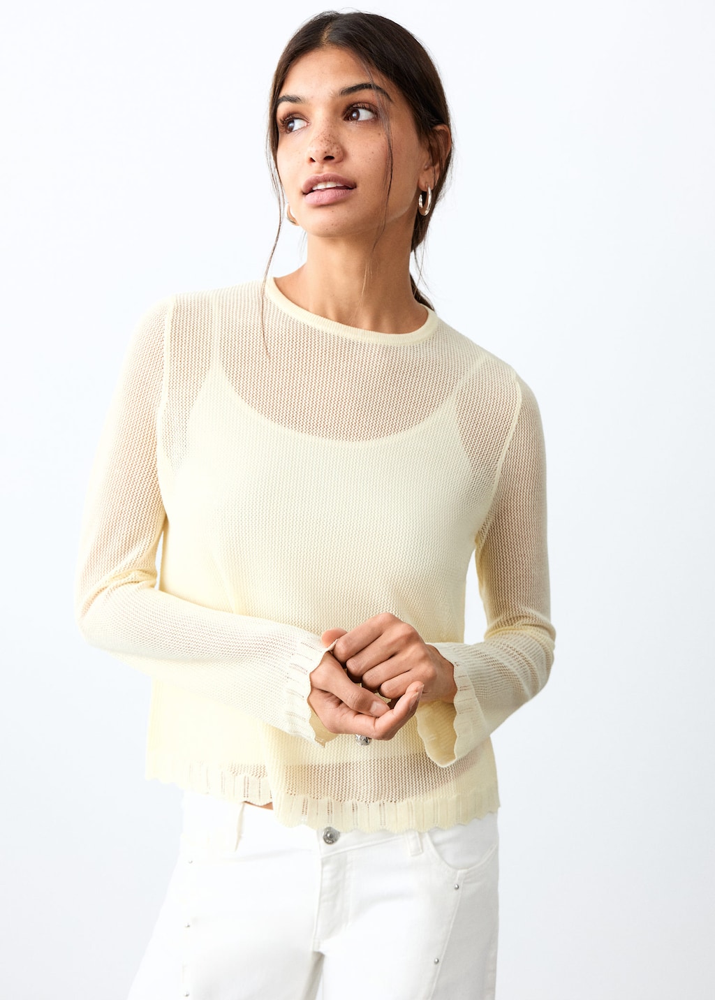 Mango Openwork Knit Sweater Yellow