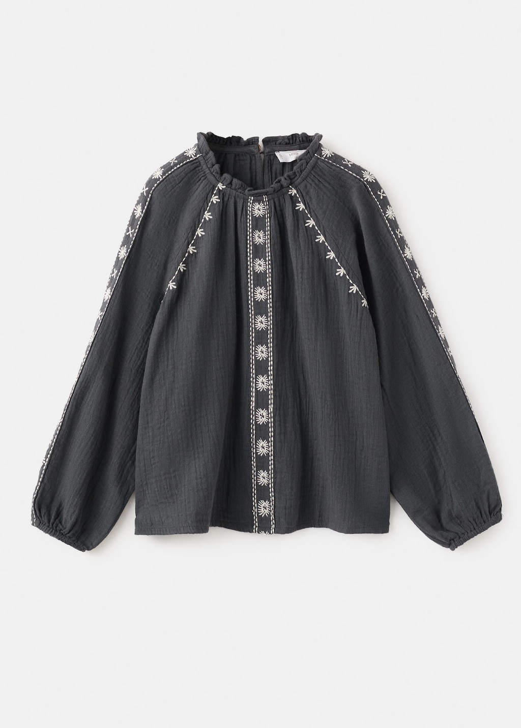 Mango Kids' Embroidered Cotton Blouse Charcoal In Green