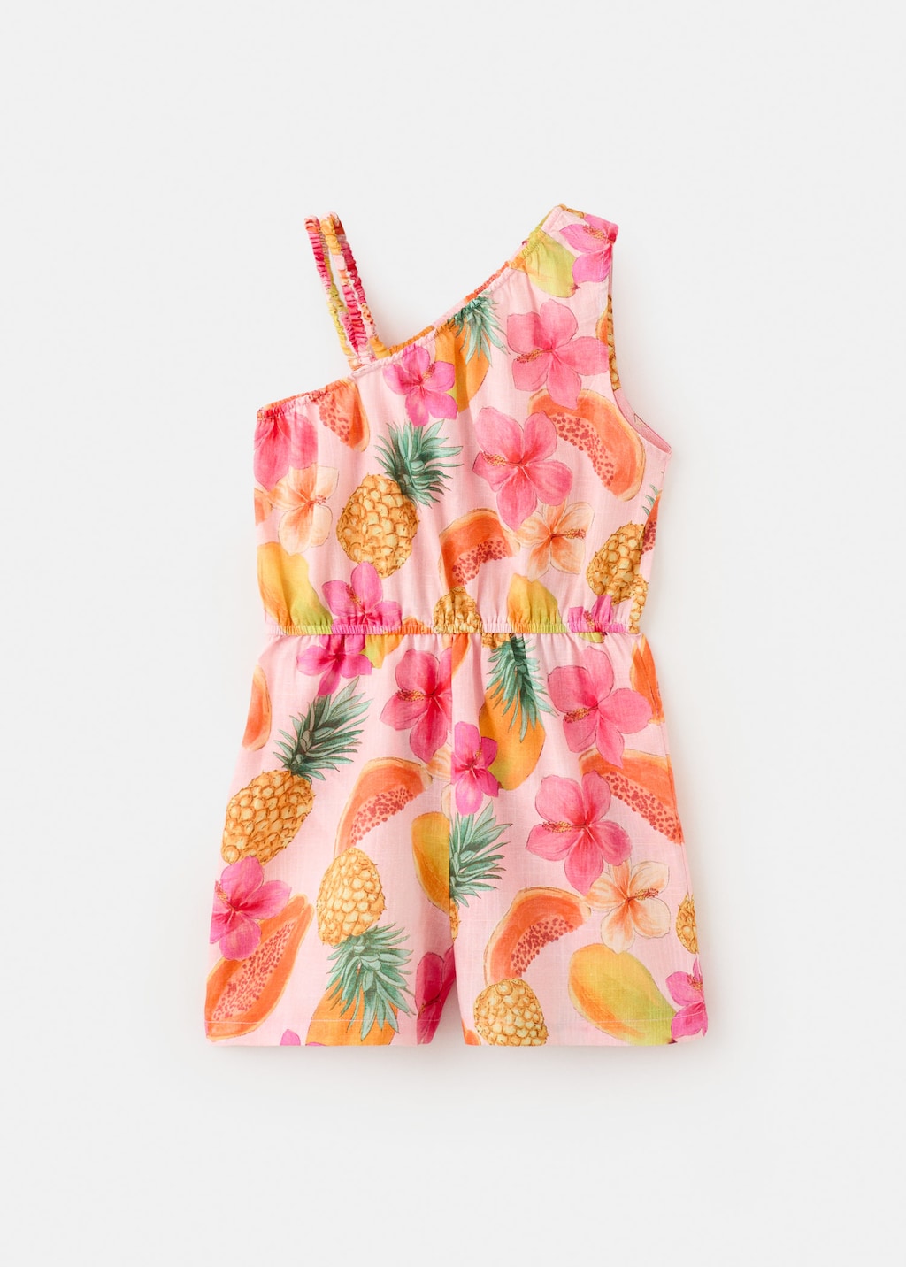 Mango Kids' Asymmetrical Tropical-printed Jumpsuit In Pink
