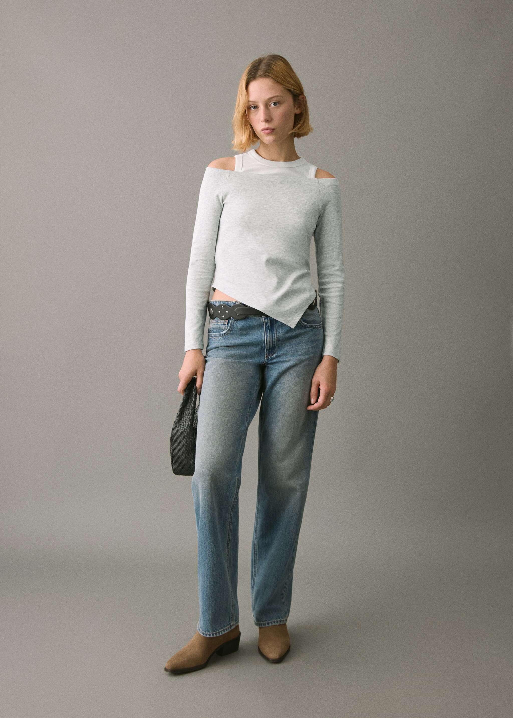 Asymmetrical double-effect t-shirt - General plane, Medium Heather Grey. Ref: 27001333-00.