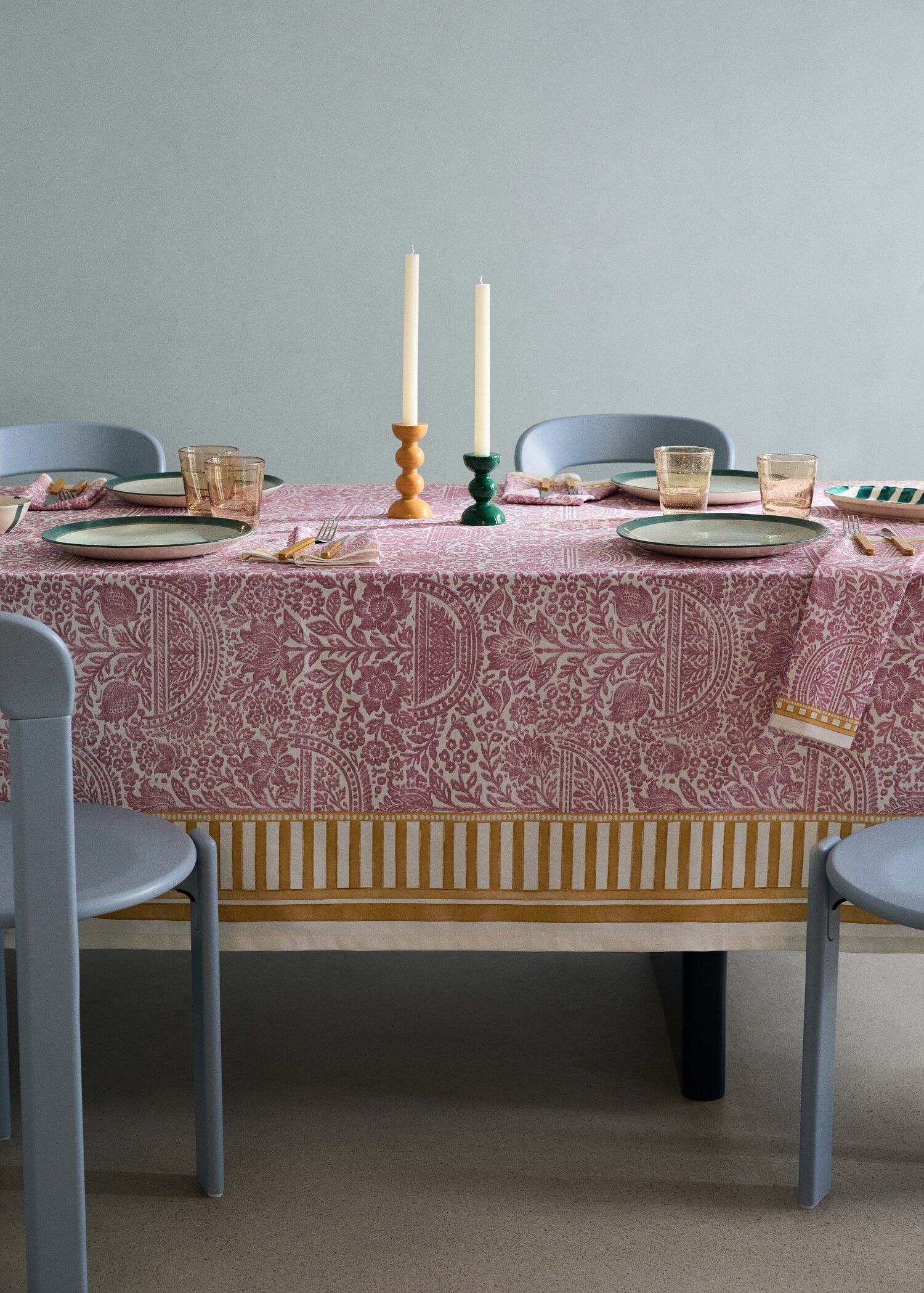 Mantel algodón rayas motivos florales 6 a 8 comensales - Plano general