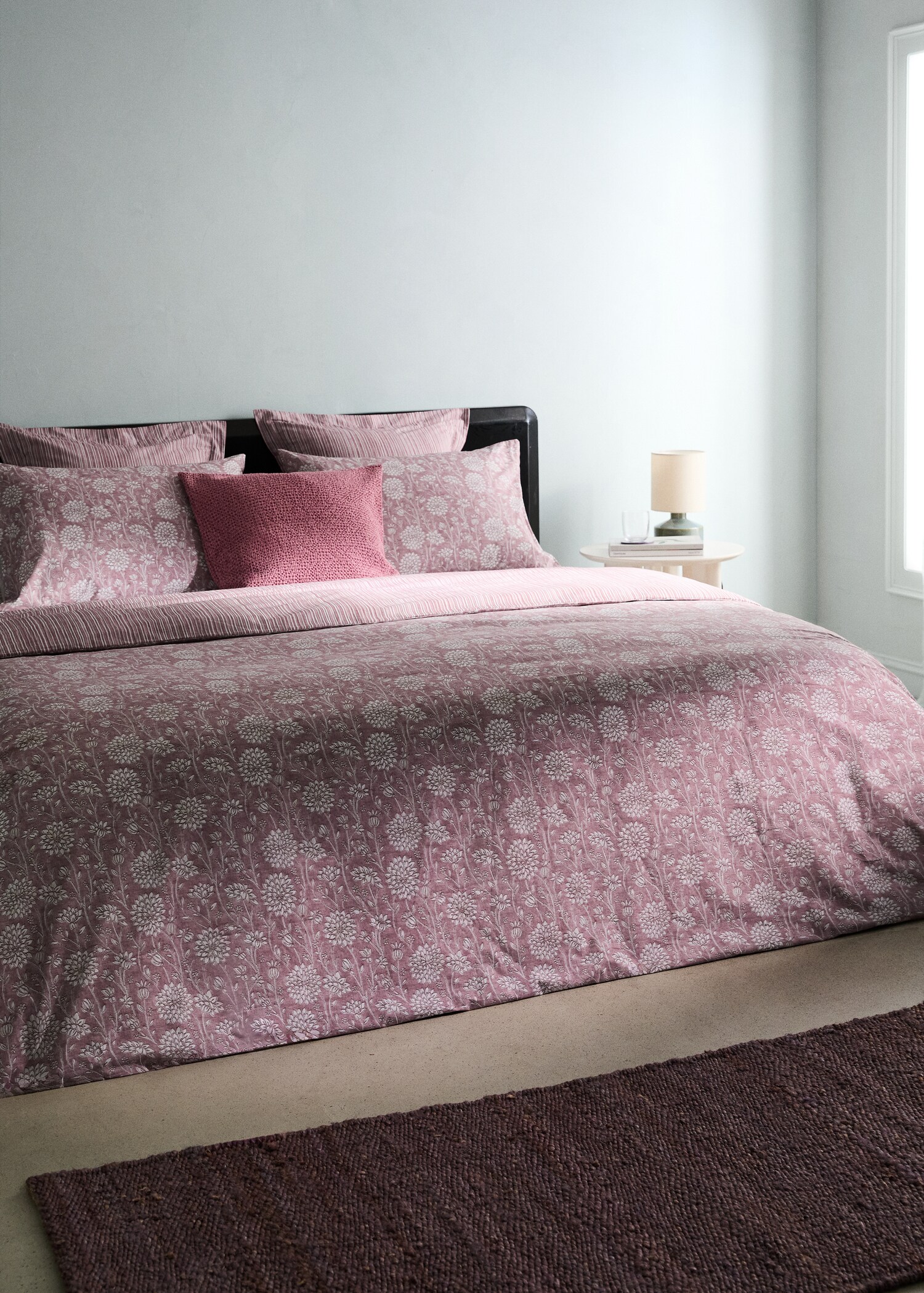 Funda nórdica algodón percal reversible rayas flores Cama 150/160 cm - Plano general