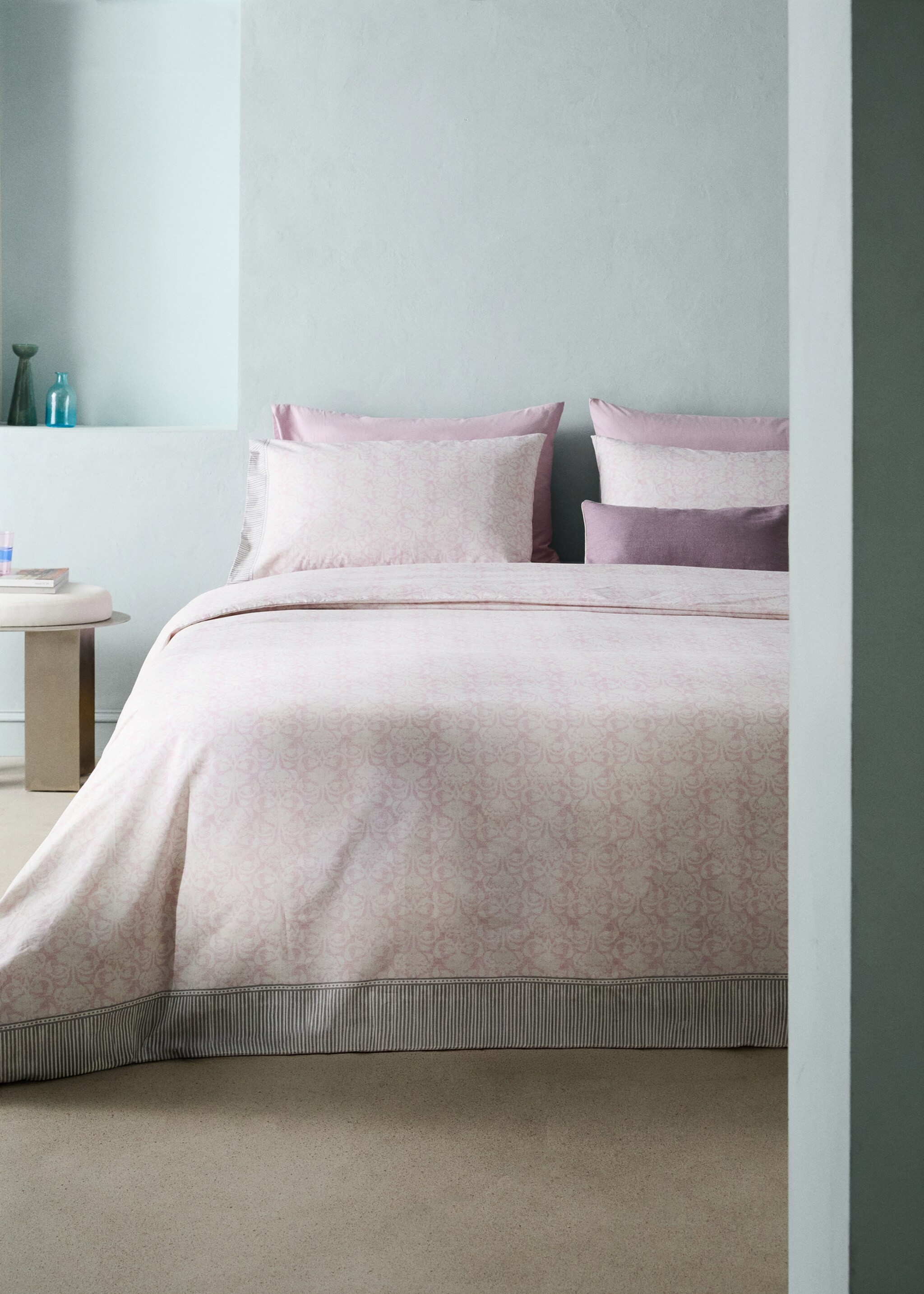 Памучен плик за юрган с флорален бордюр за легло 150/160 см - Обща равнина, Пастелно розово. Ref: 27002980-00.