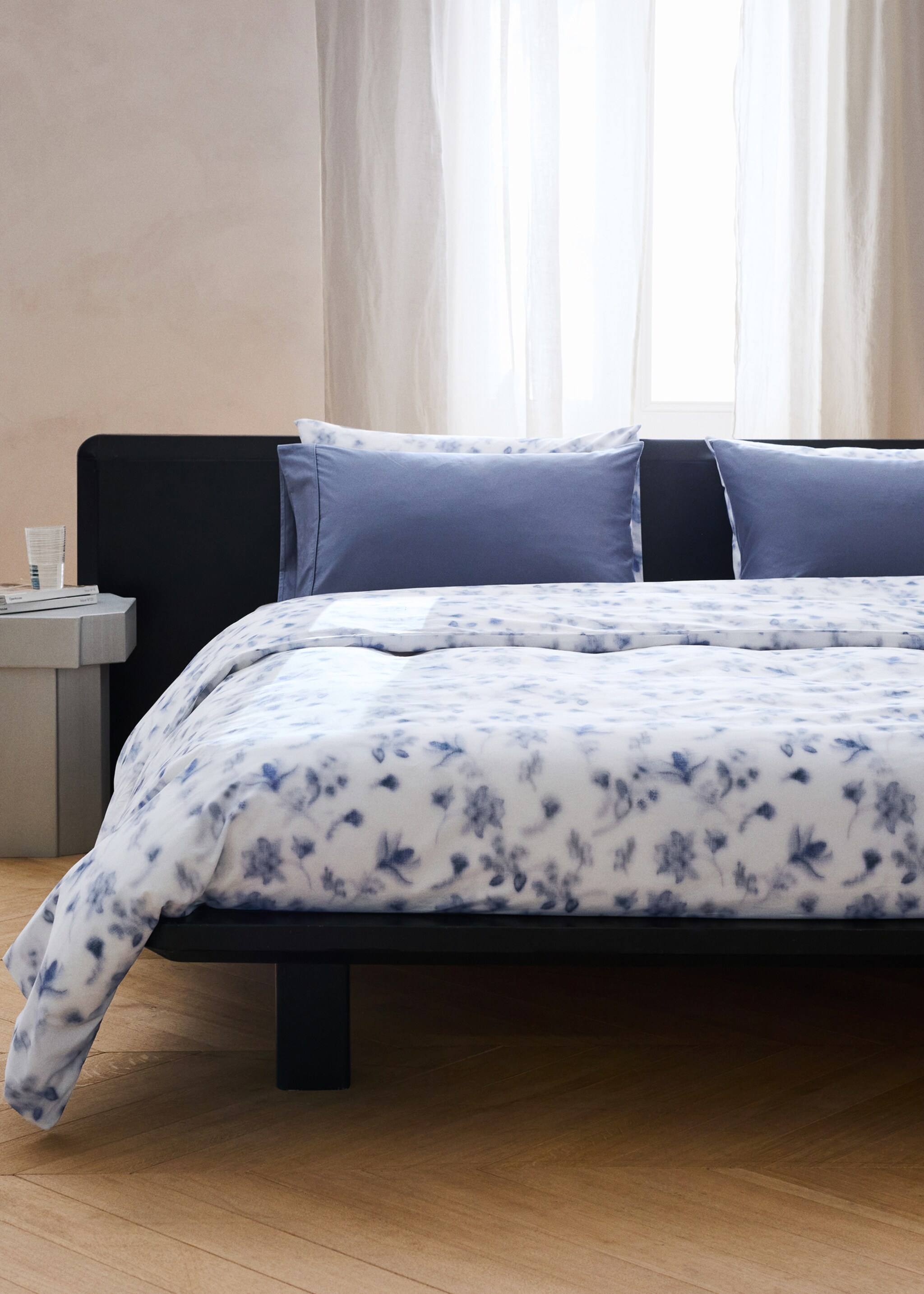 Percale duvet cover with faded floral pattern Queen Bed - General plane, Blue. Ref: 27002983-00.