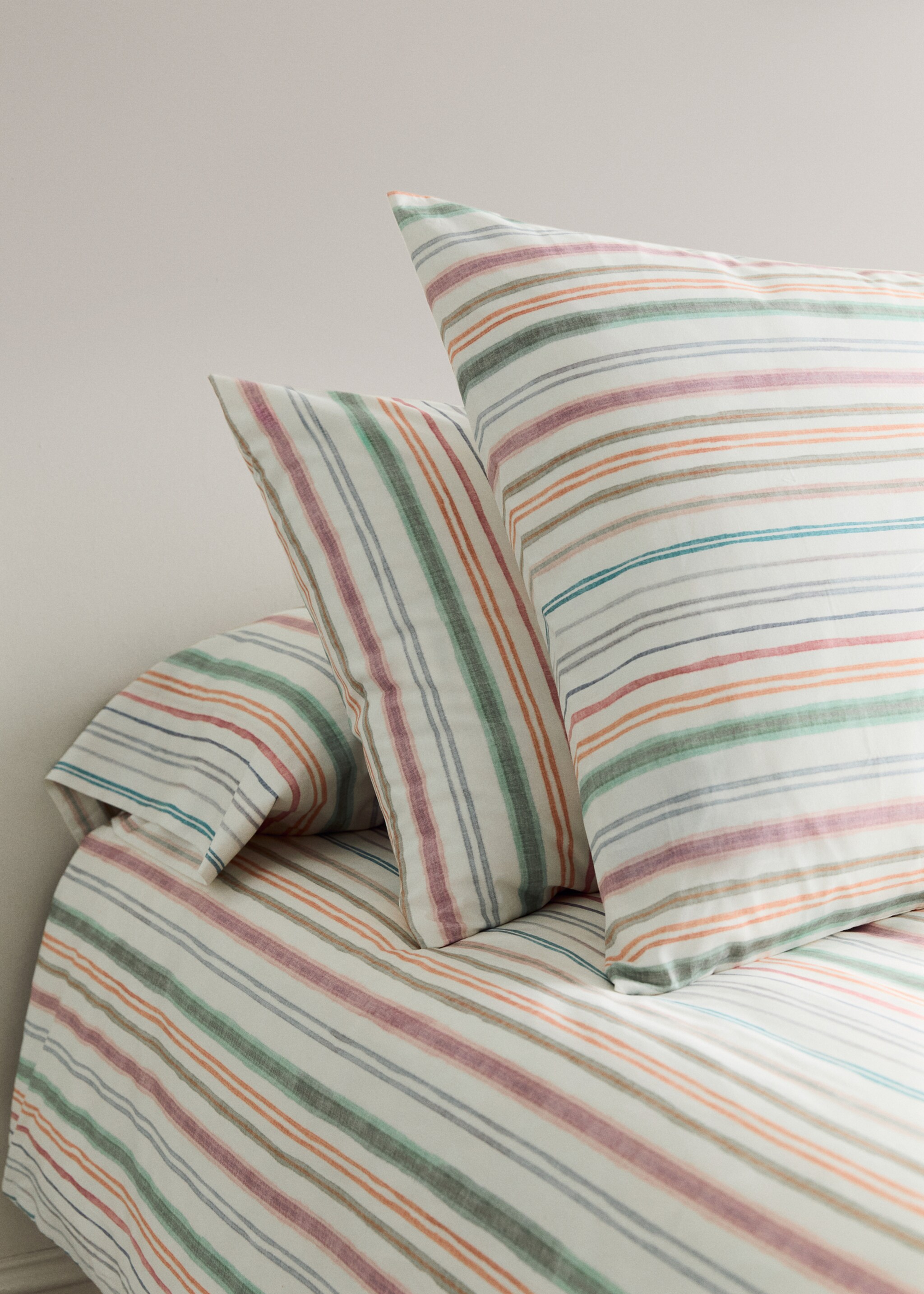 Multicoloured striped percale cotton pillowcase 50x75 cm - General plane, Green. Ref: 27004088-00.