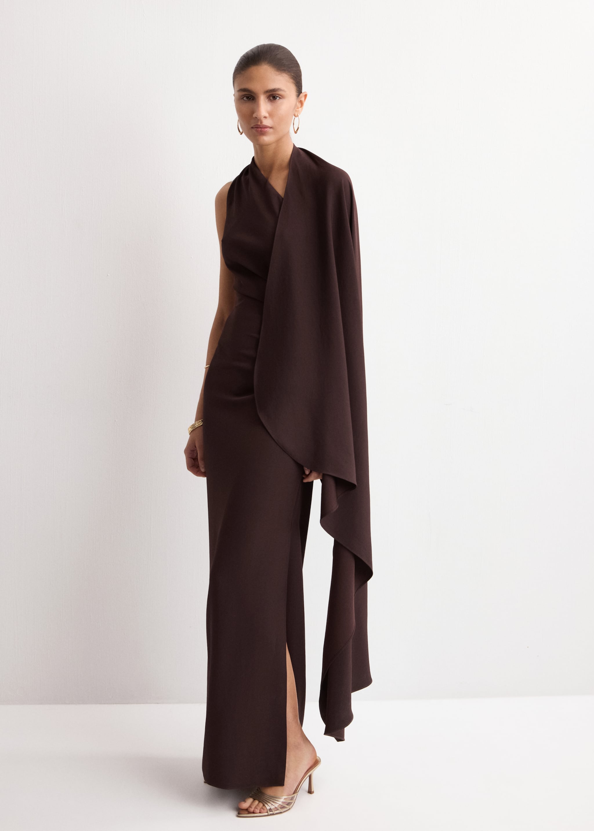Asymmetrical dress with scarf - General plane, Chocolate. Ref: 27004093-00.