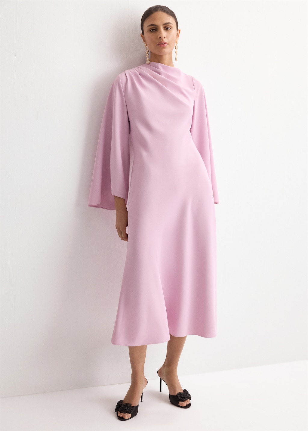 Flared-sleeve satin dress