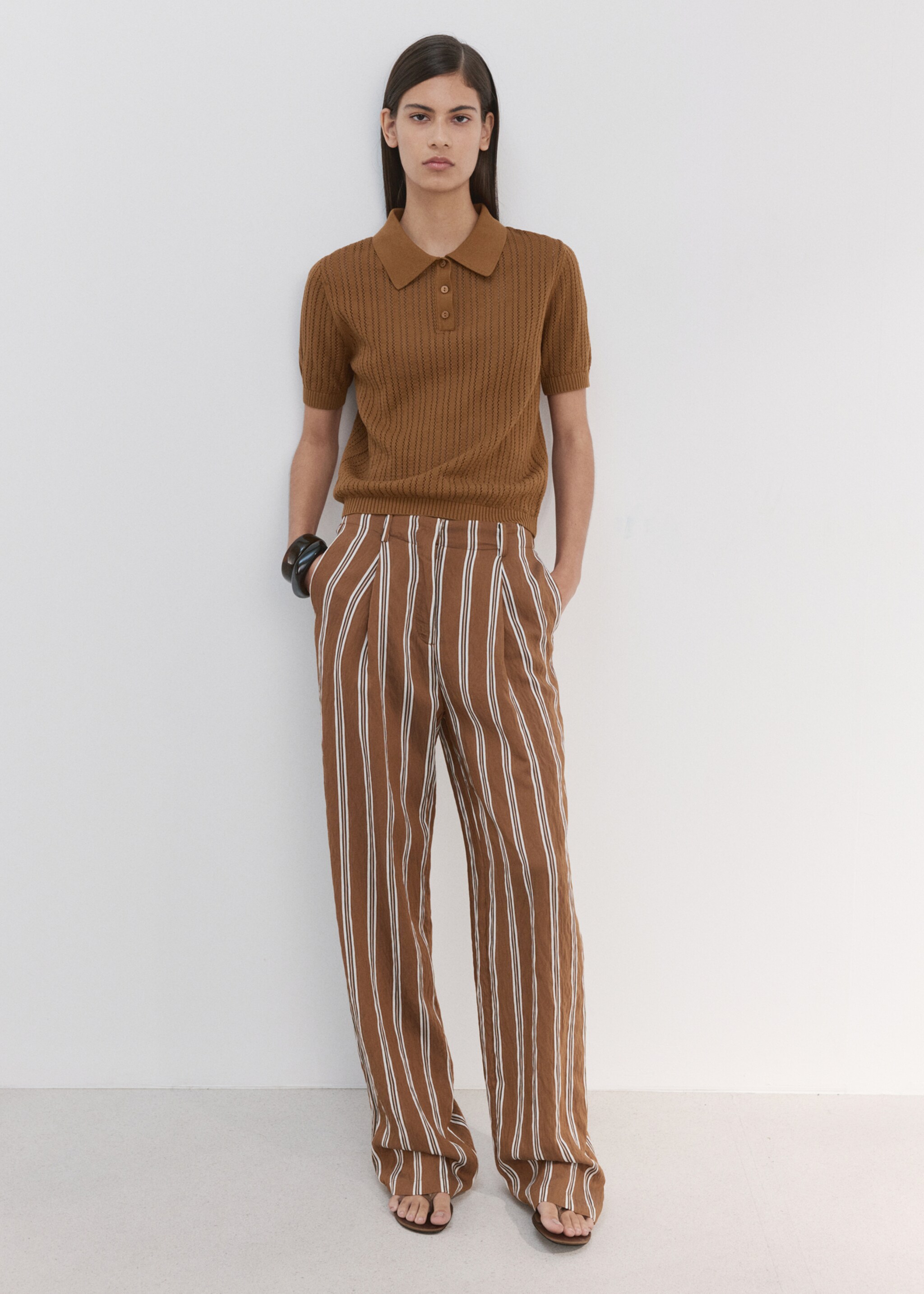 Openwork knitted polo-neck sweater - General plane, Caramel. Ref: 27005829-00.