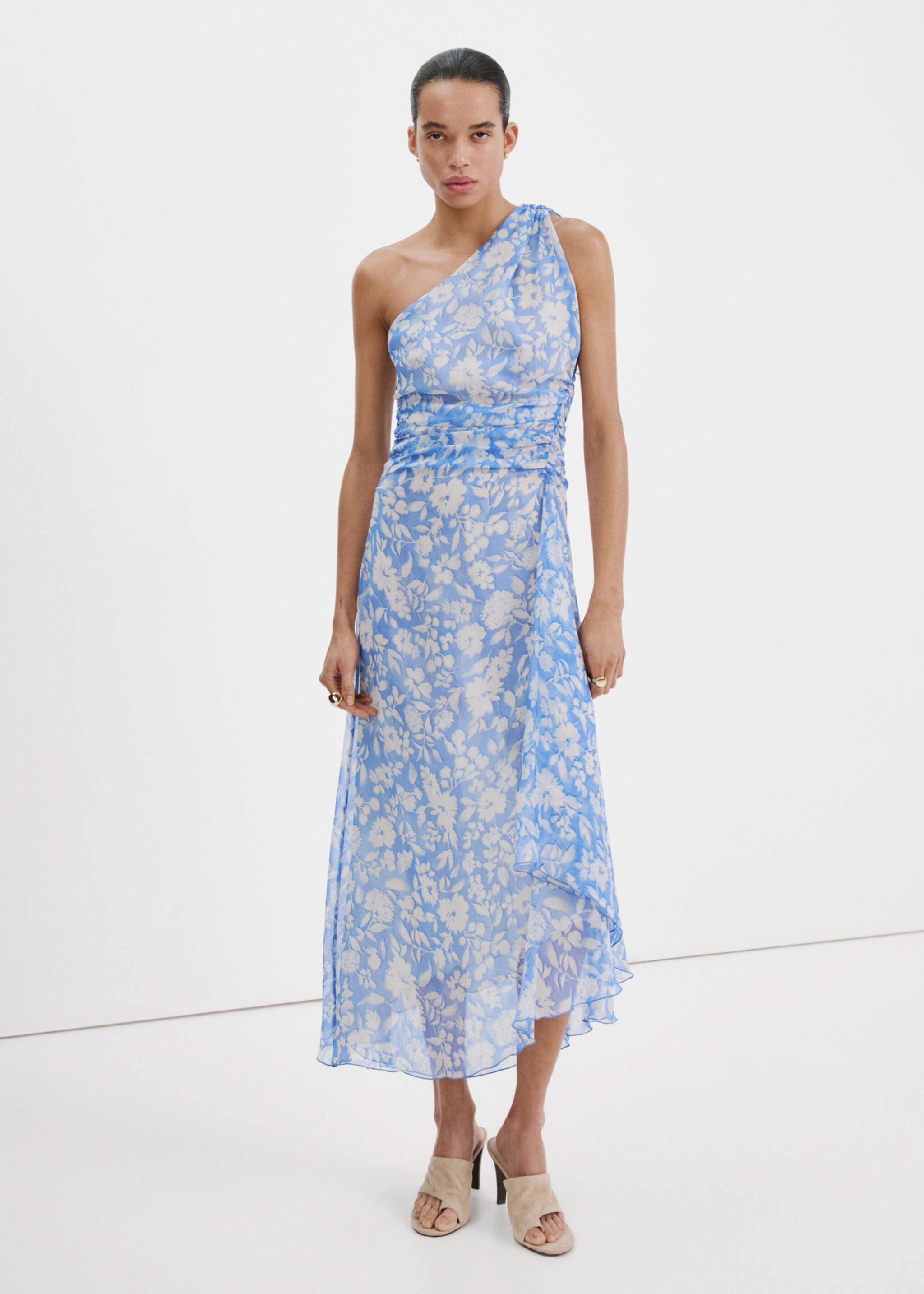 Floral dress with asymmetrical neckline - General plane, Blue. Ref: 27005852-00.