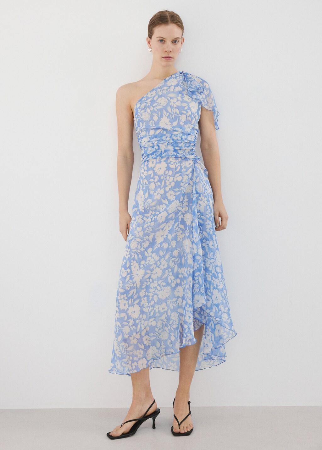 Floral dress with asymmetrical neckline