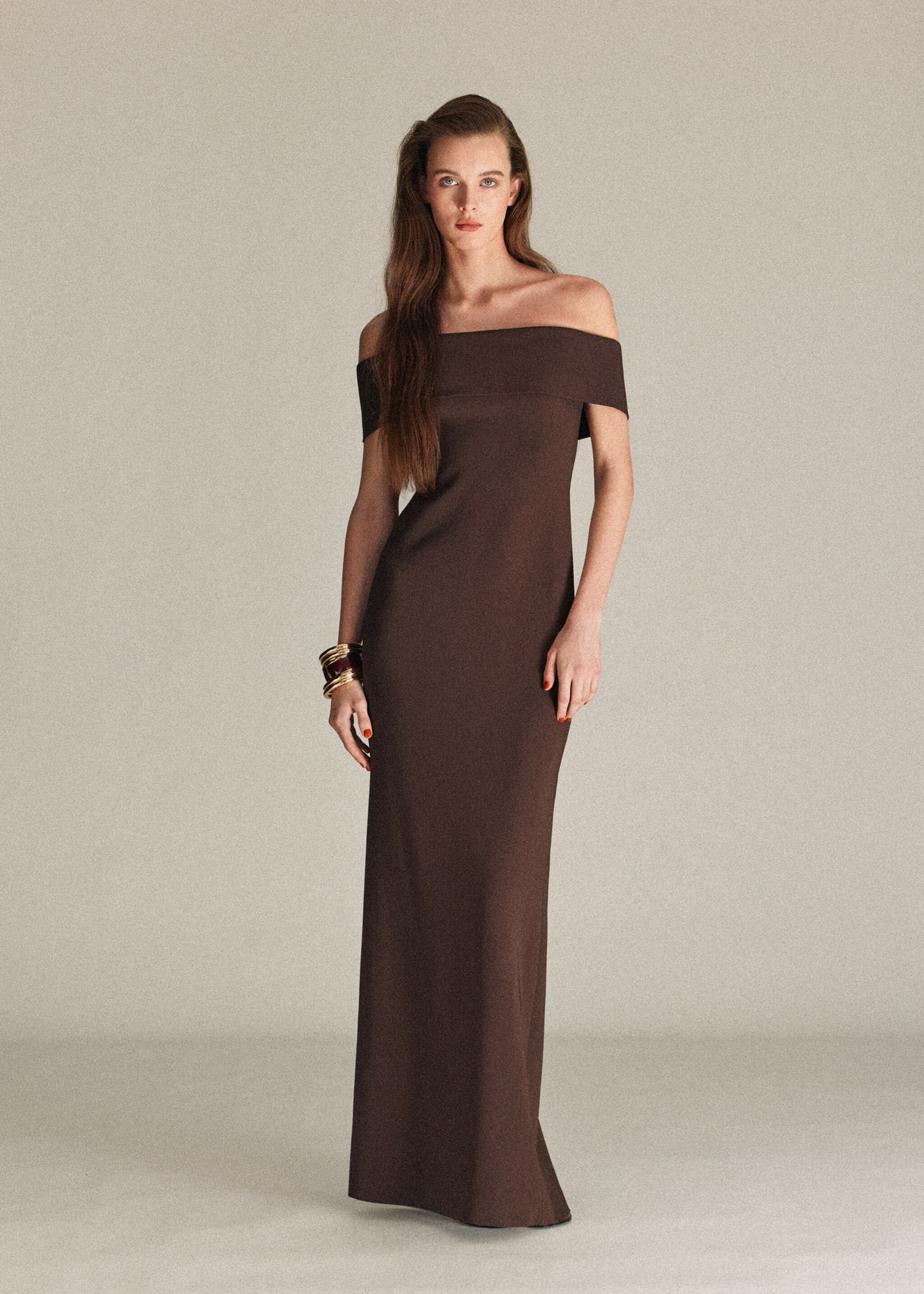 Off-the-shoulder dress with slit detail - General plane, Brown. Ref: 27006368-00.