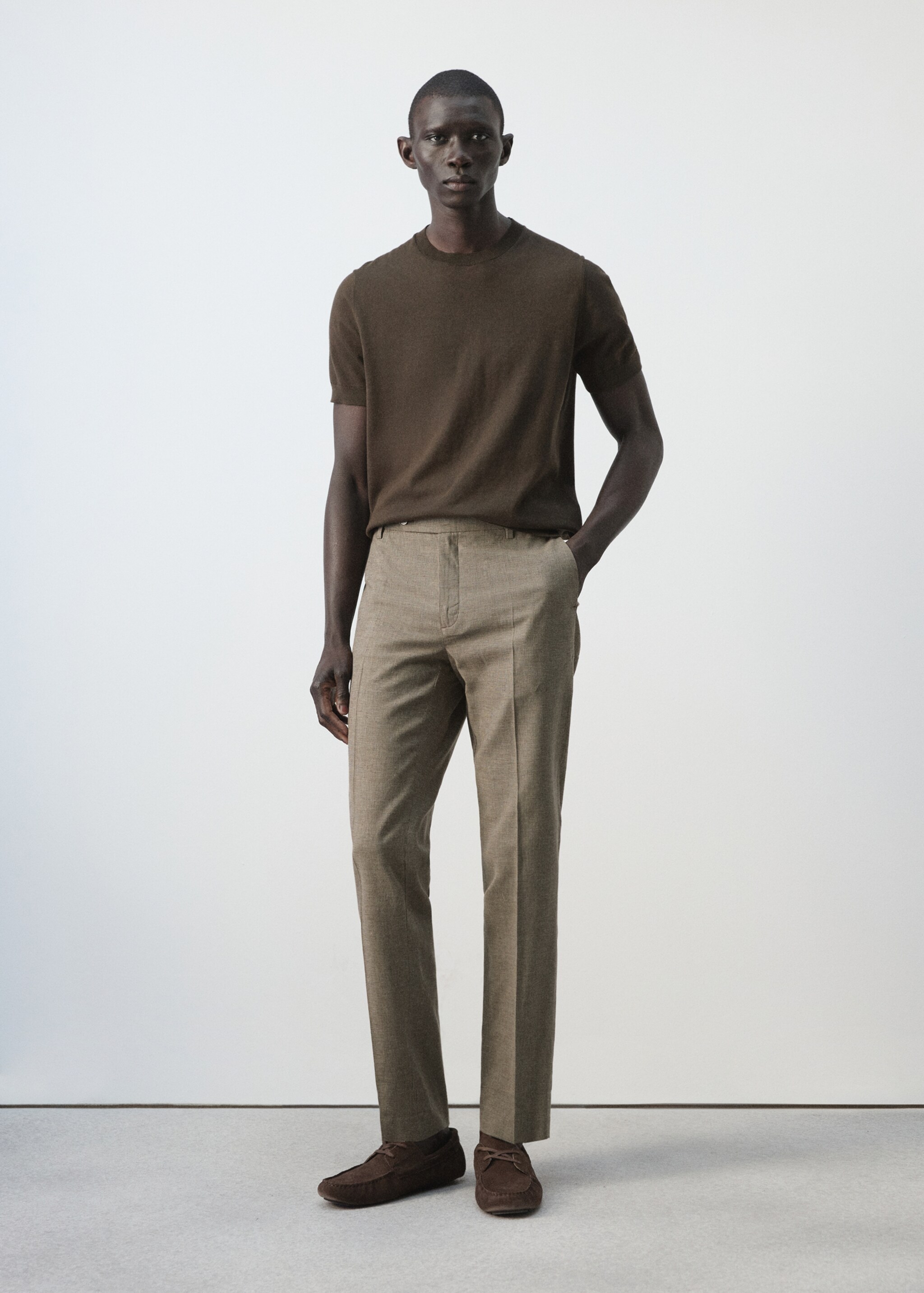 Regular fit houndstooth linen blend trousers - General plane, Brown. Ref: 27006713-00.