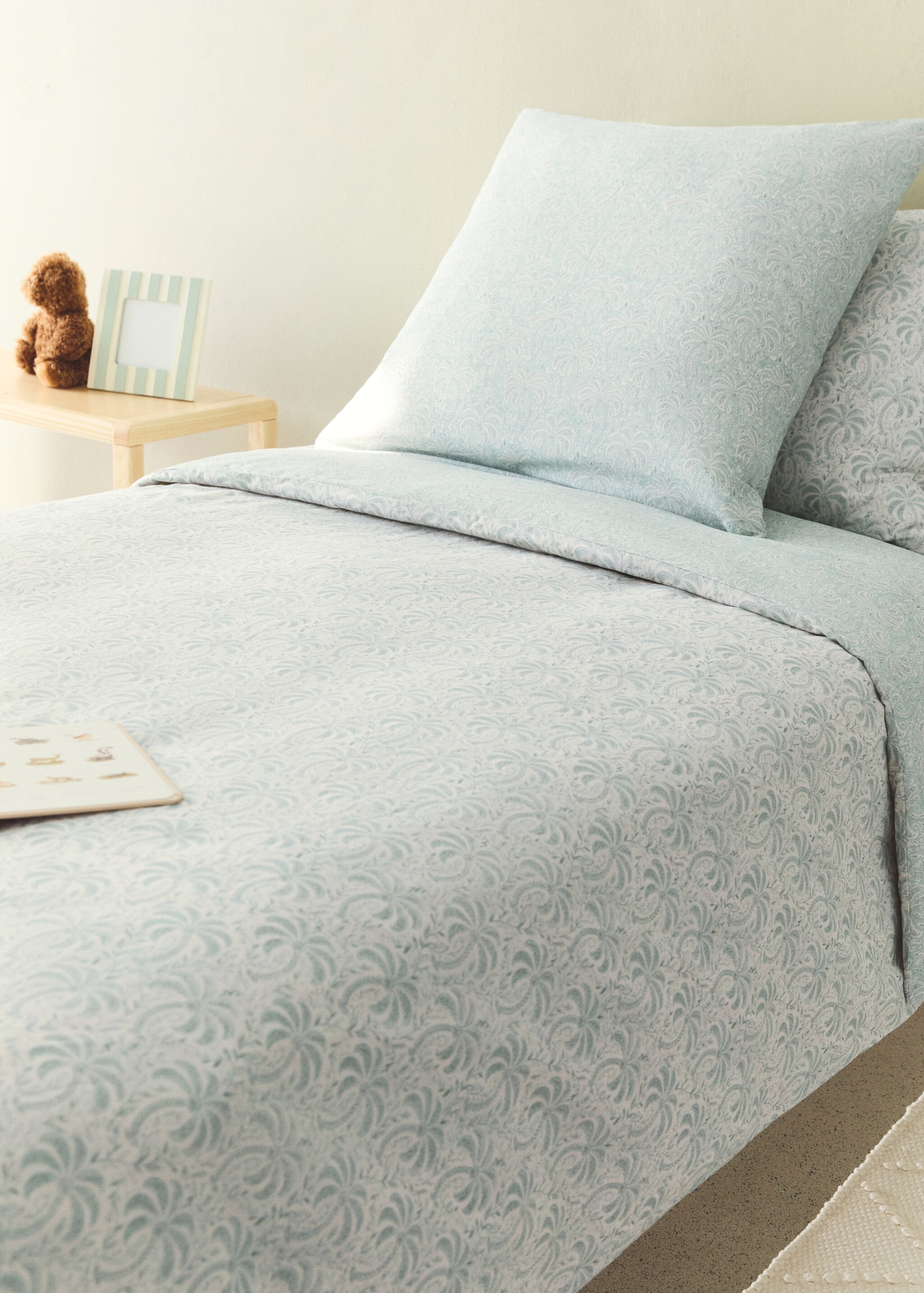 Dekbedovertrek van perkal-katoen met palmprint, voor een bed van 90 cm - Overzichtstekening, Pastelgroen. Ref: 27014067-00.