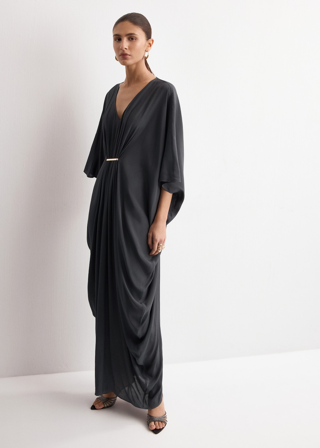 Draped dress with three-quarter sleeves