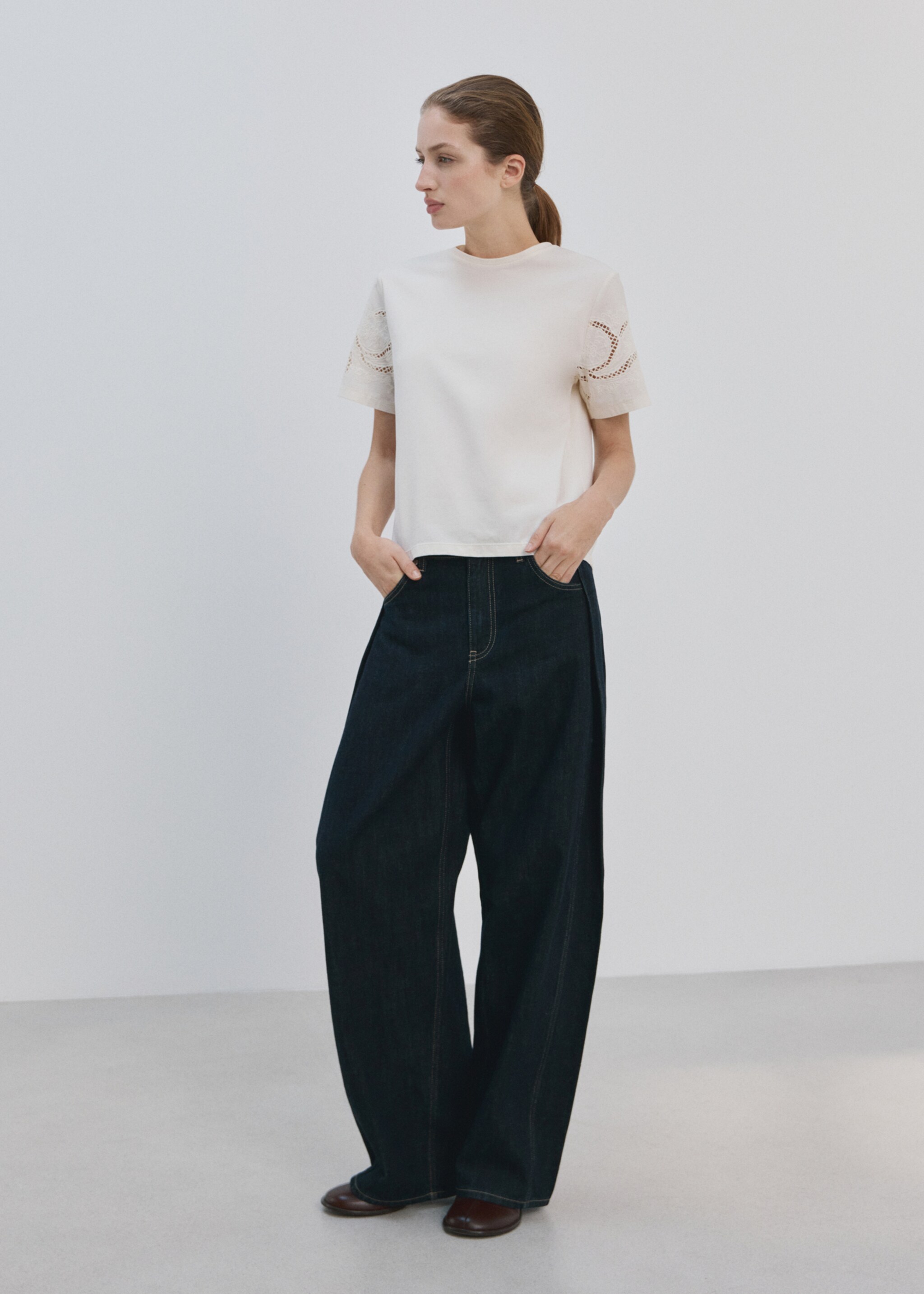 Embroidered cutwork cotton T-shirt - General plane, Ecru. Ref: 27015833-00.