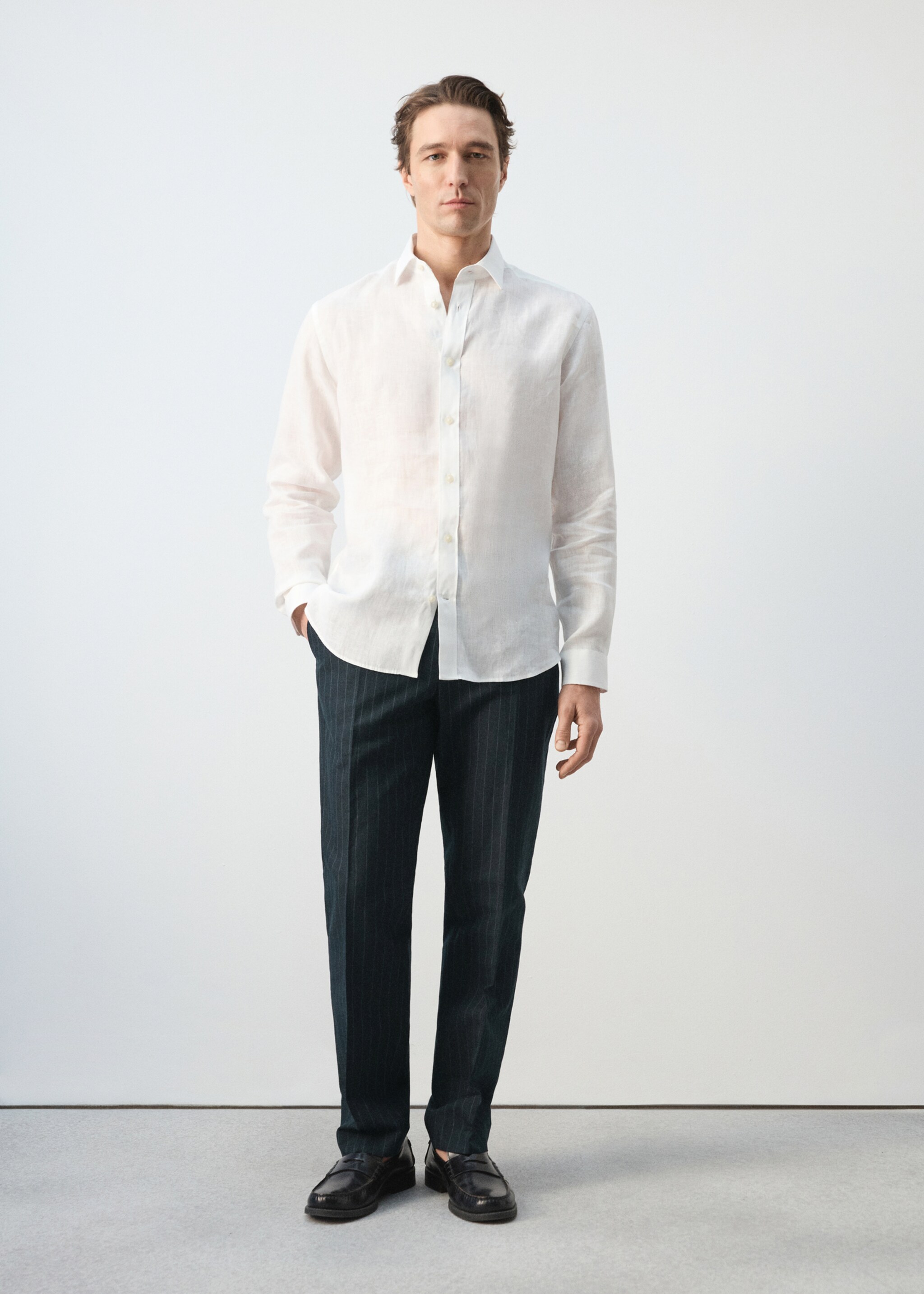 Regular fit linen blend pinstripe trousers - General plane, Navy. Ref: 27016712-00.