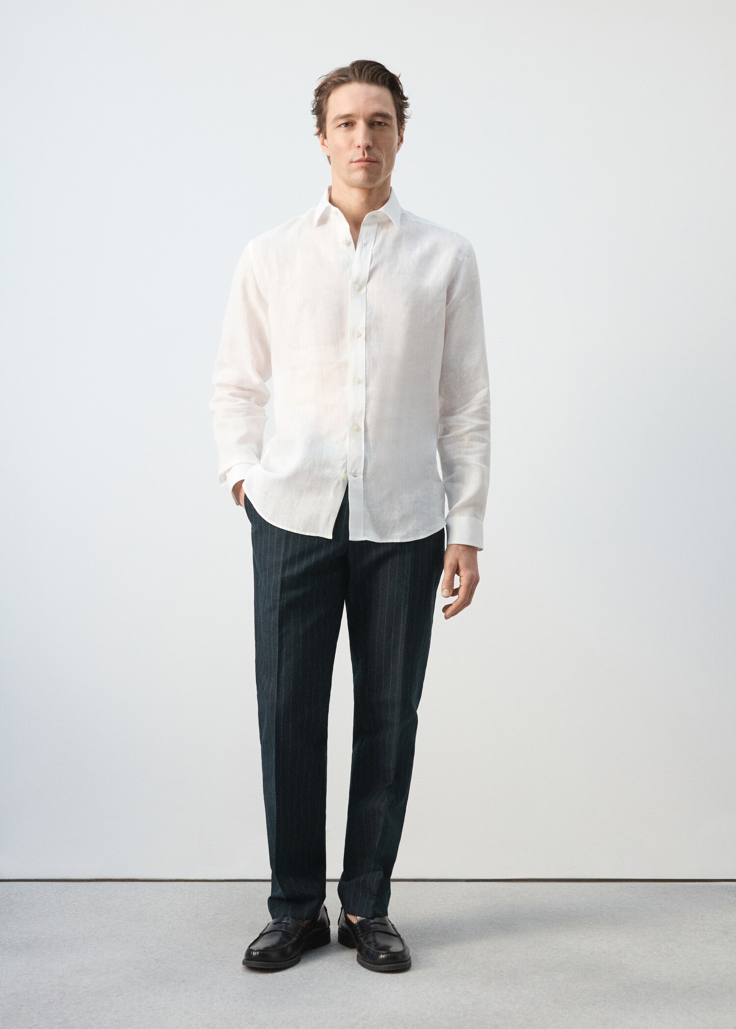 Regular fit linen blend pinstripe trousers - General plane