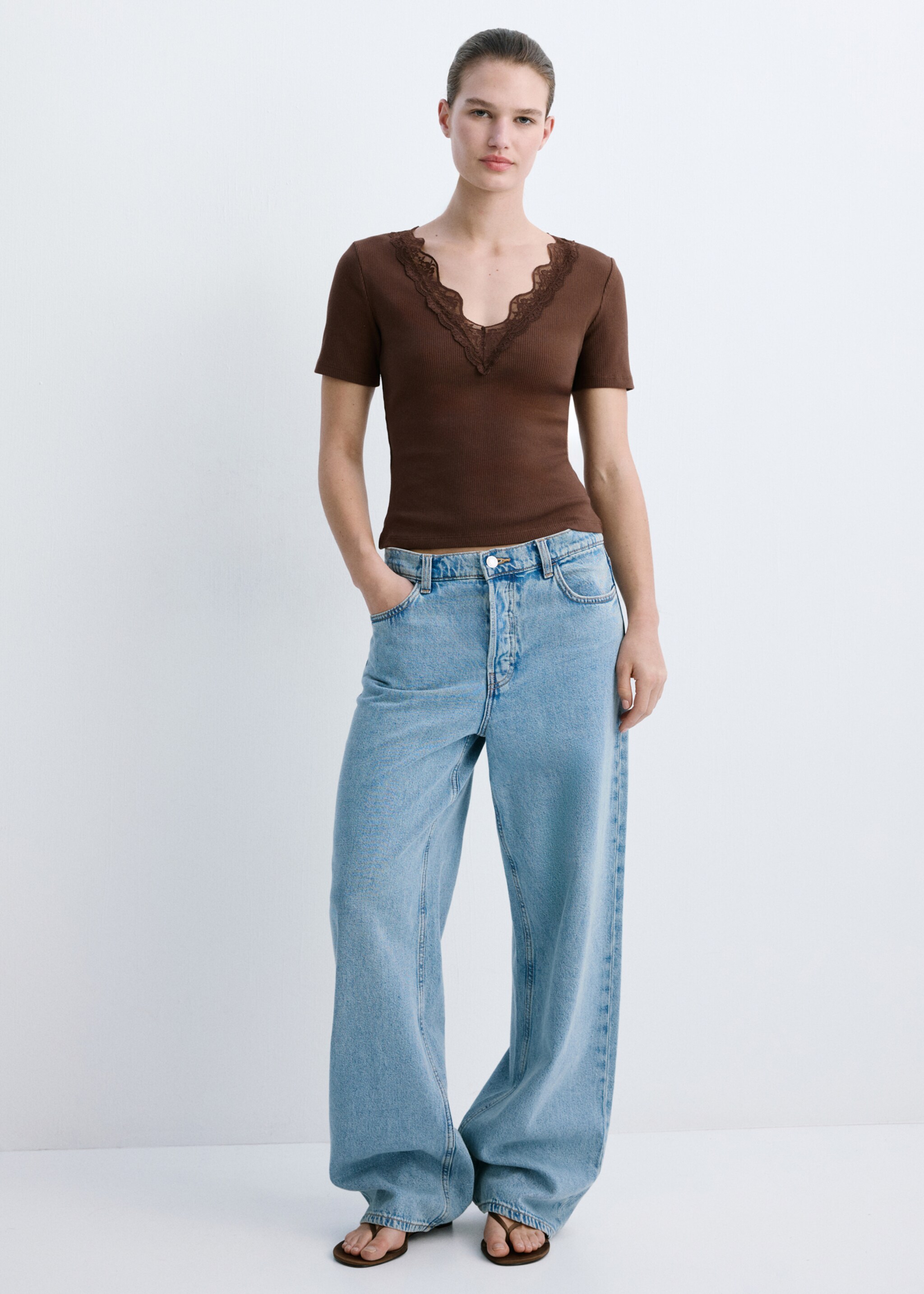 Lace trim top - General plane, Brown. Ref: 27017150-00.