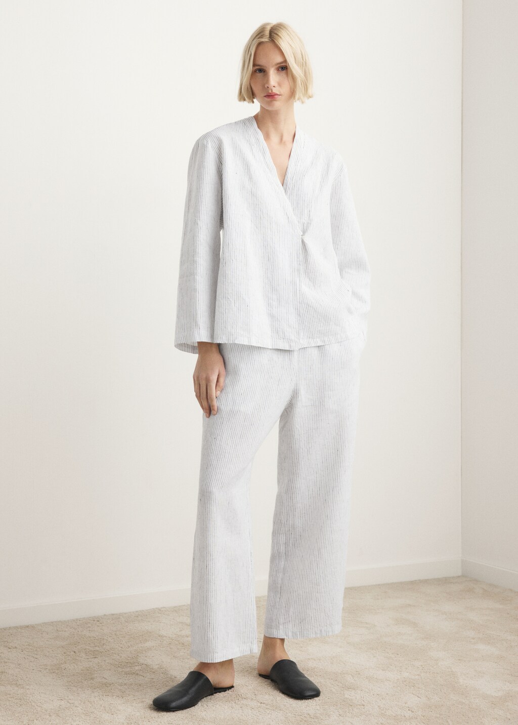 Long-sleeved striped linen pajama shirt - image 2