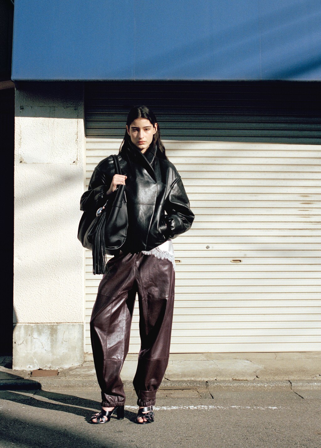 Leather bomber jacket with wraparound collar