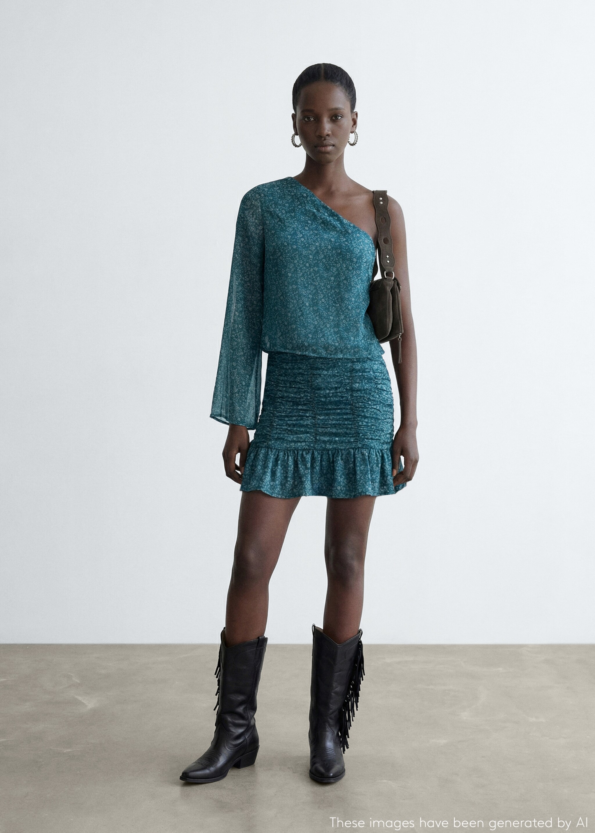 Asymmetrical printed blouse - General plane, Petrol Blue. Ref: 27024777-00.