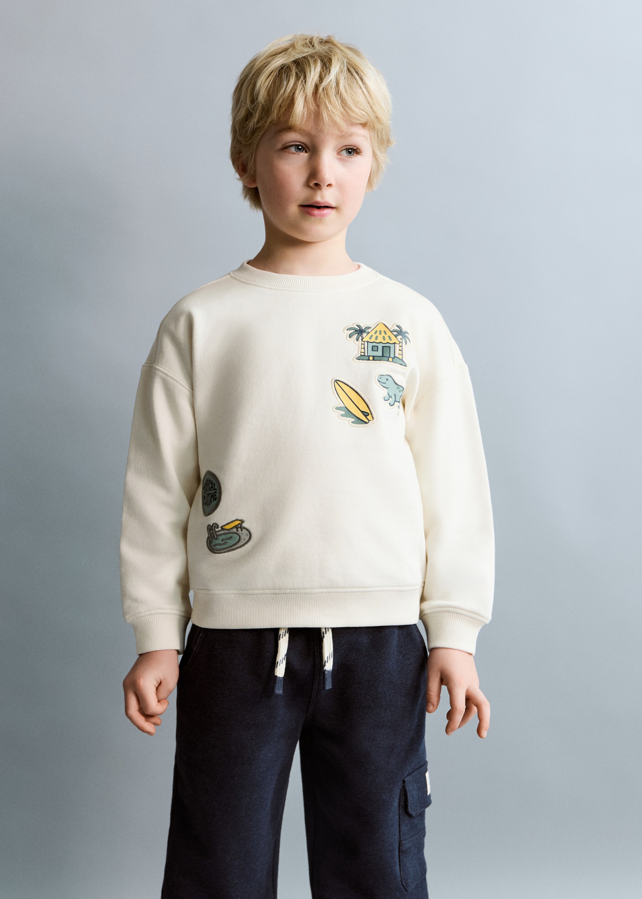 Sweat coton pièces brodées - Plan général, Gris glacé. Ref: 27026344-00.