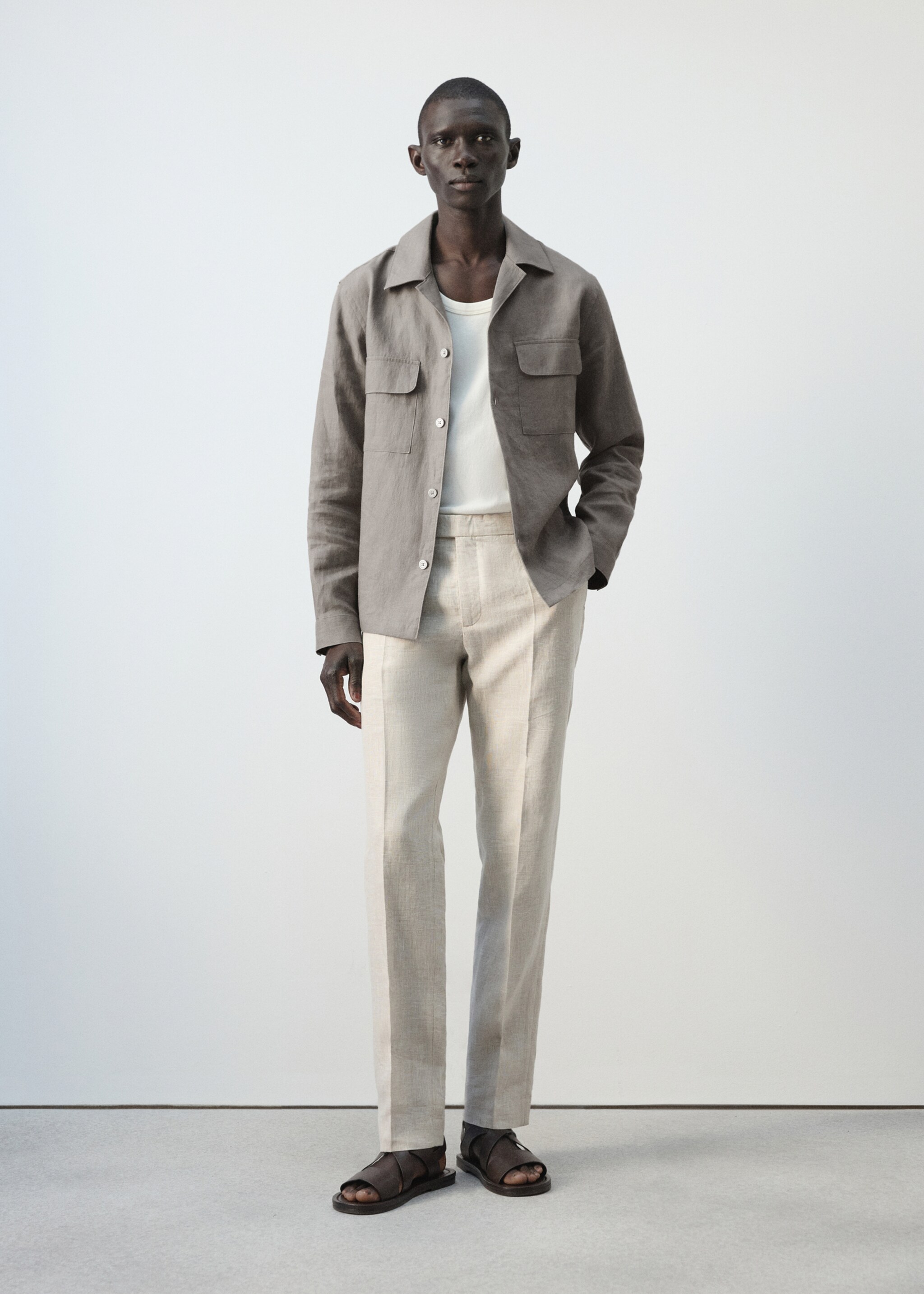 Bowling collar overshirt 100% linen - General plane, Medium Brown. Ref: 27026712-00.