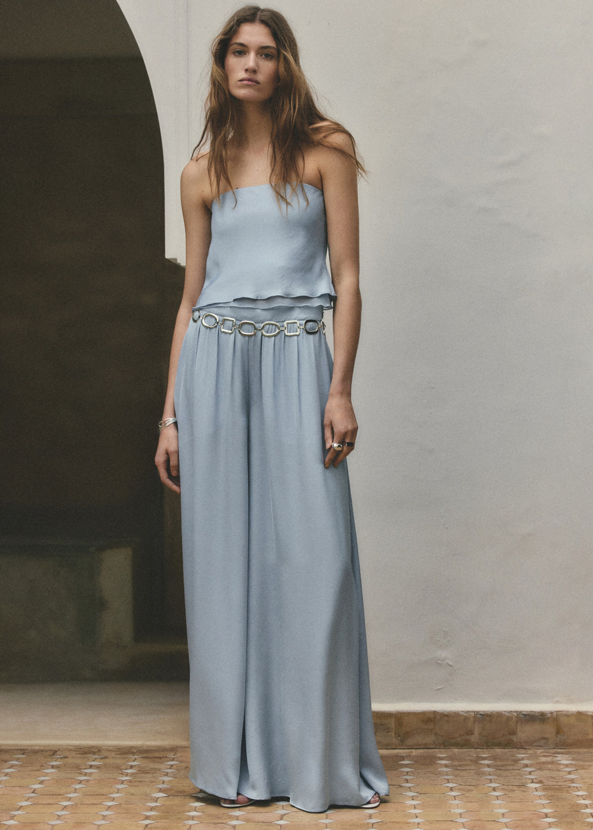High-waist straight trousers - General plane, Sky Blue. Ref: 27027946-00.