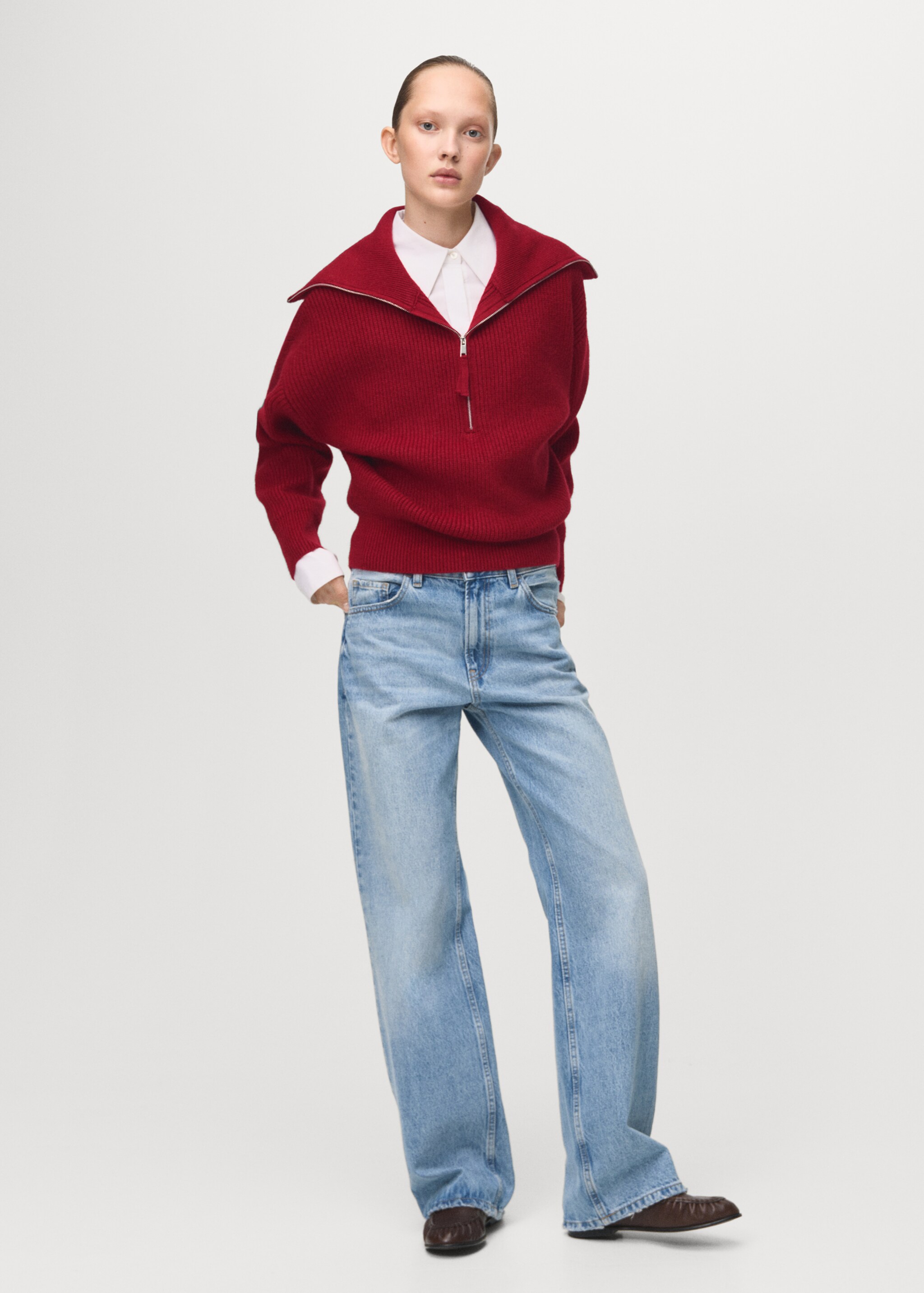 Sweater with funnel neck and zip - General plane, Maroon. Ref: 27031266-00.