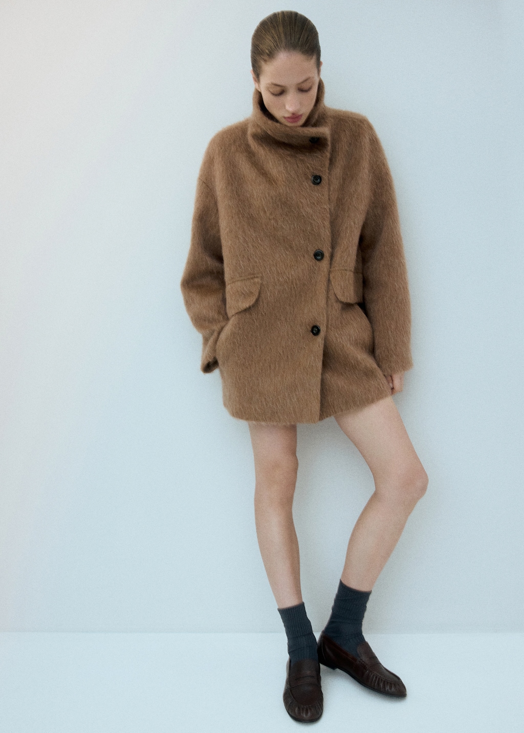 Mango Wool-blend funnel-neck coat