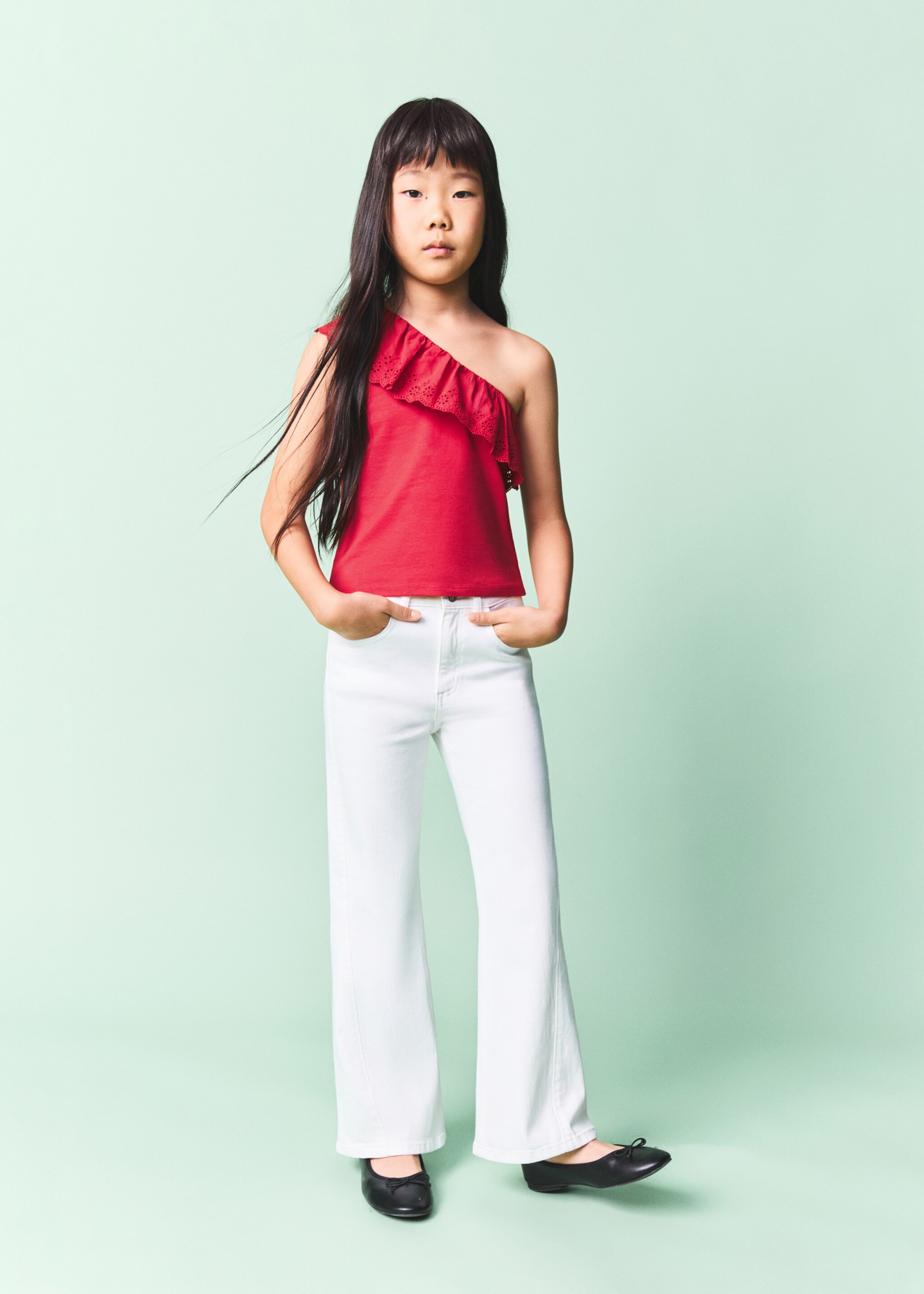 T-shirt asymétrique volanté - Plan général, Rouge. Ref: 27031508-00.