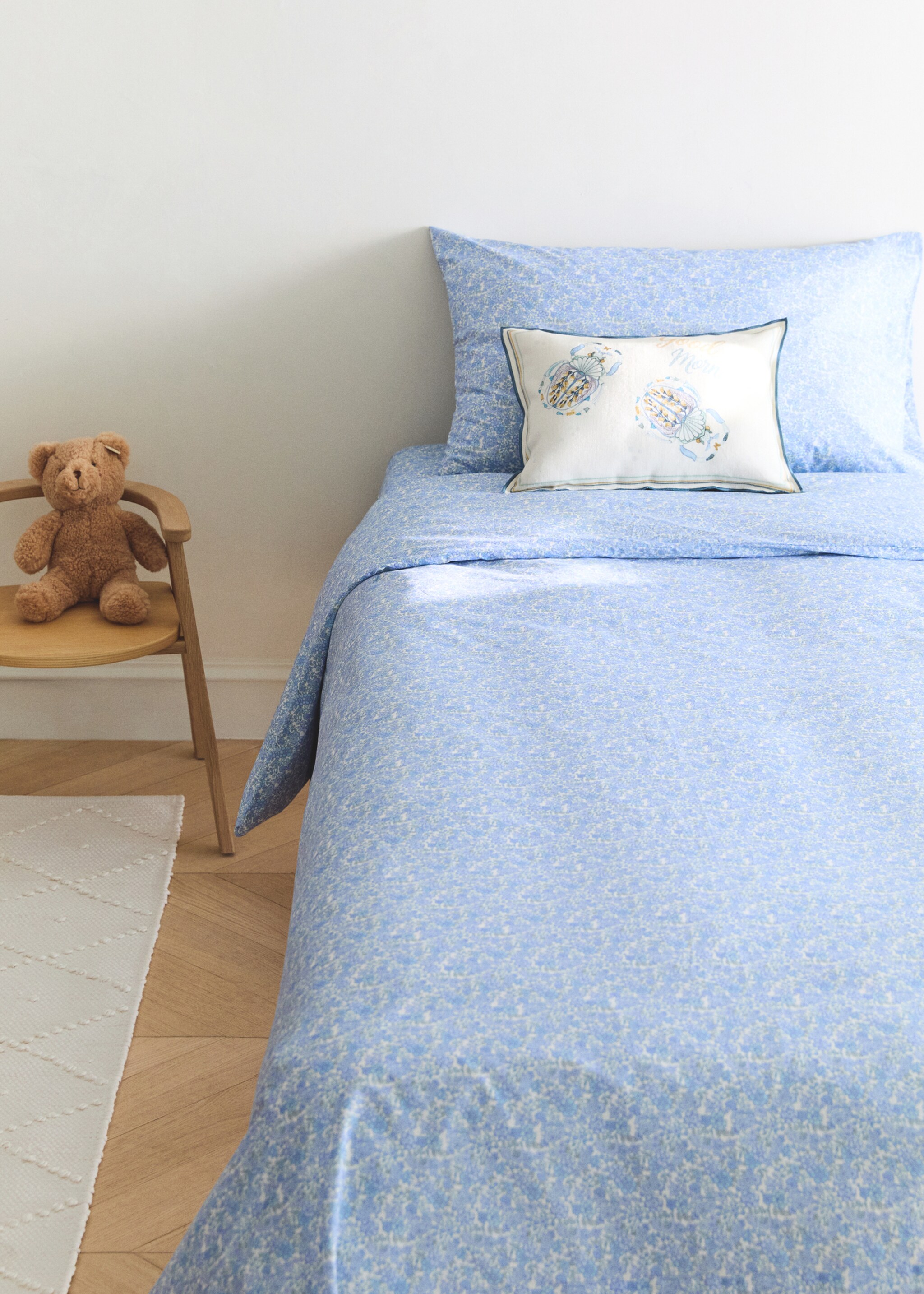 Children's percale floral duvet cover Bed 135/140 cm - General plane, Blue. Ref: 27034059-00.