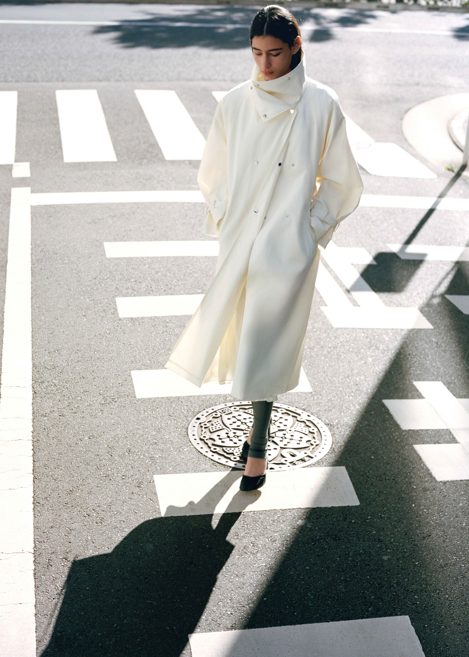 Long funnel neck belted trench coat - General plane