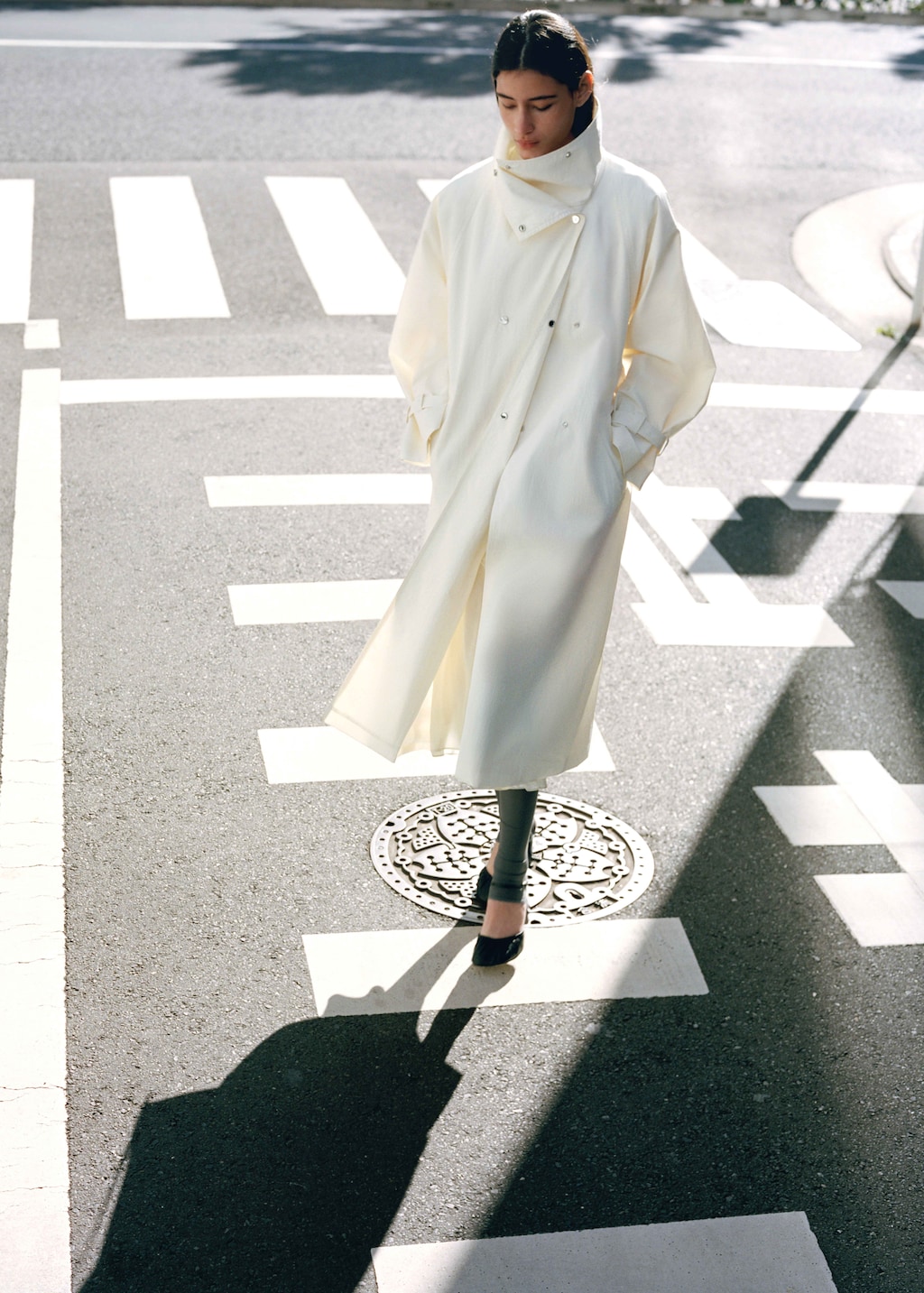 Oversized funnel-neck trench coat with belt