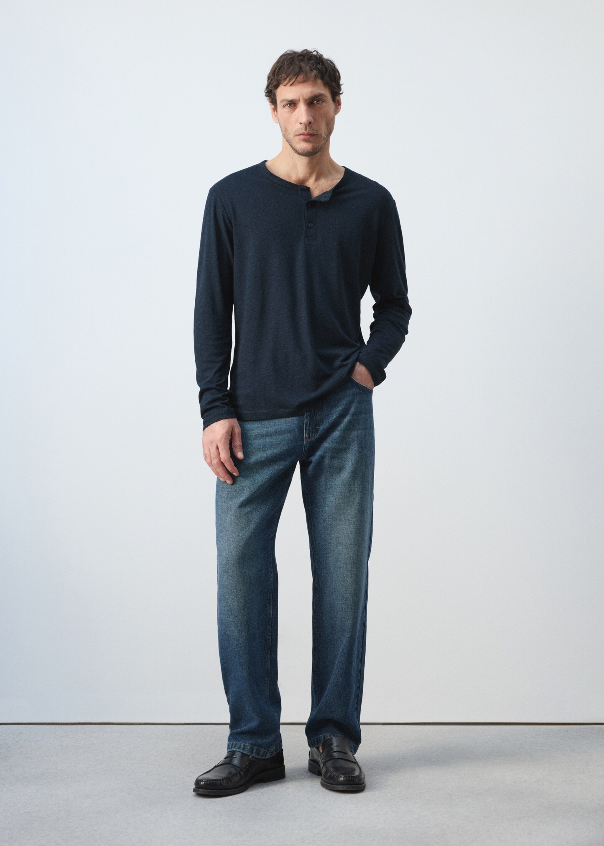 Henley linen-blend T-shirt - General plane, Navy. Ref: 27035965-00.