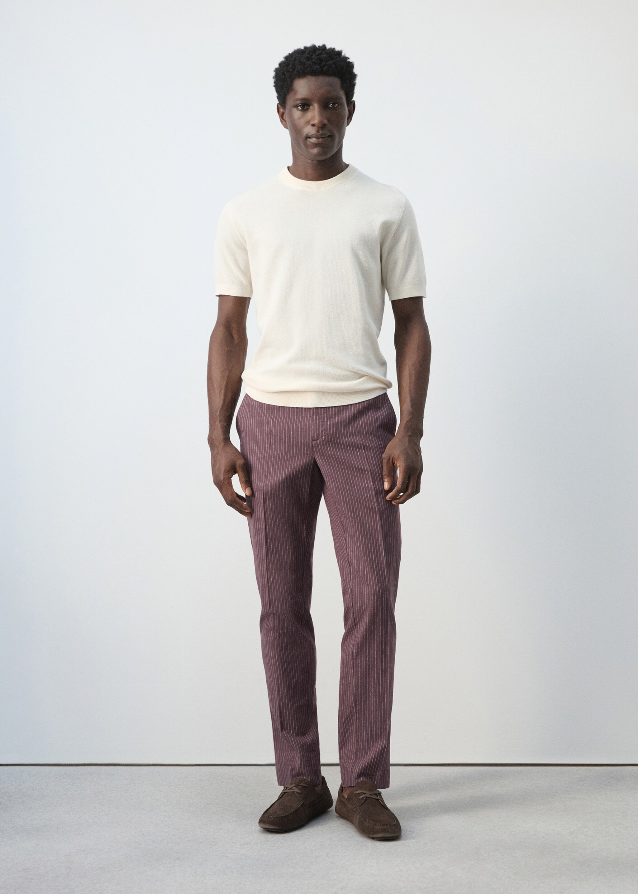 Cotton linen slim fit striped trousers - General plane, Plum. Ref: 27036710-00.