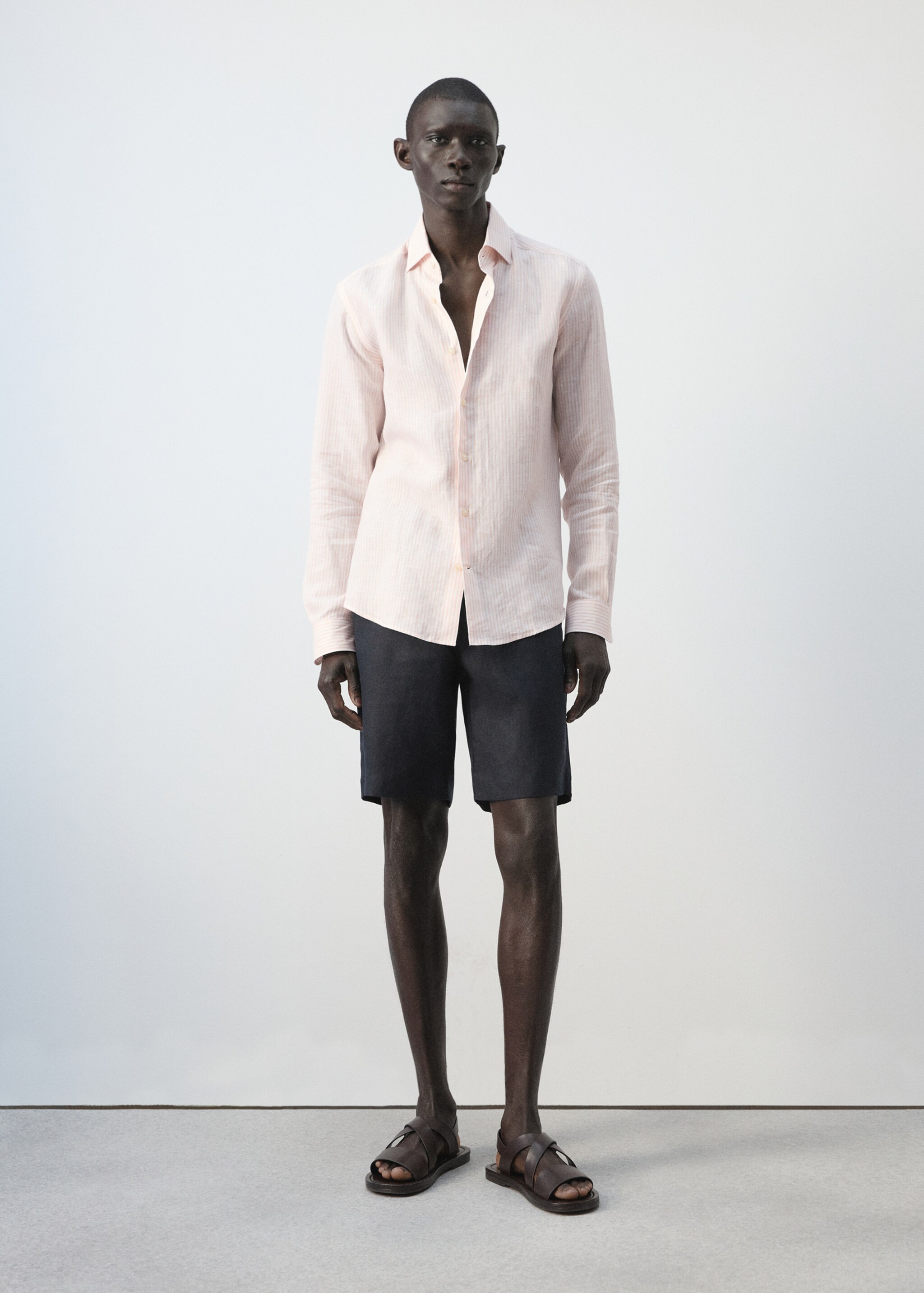 قميص سليم فيت 100% كتان بخطوط - رؤية عامة, وردي فاتح. Ref: 27036711-00.