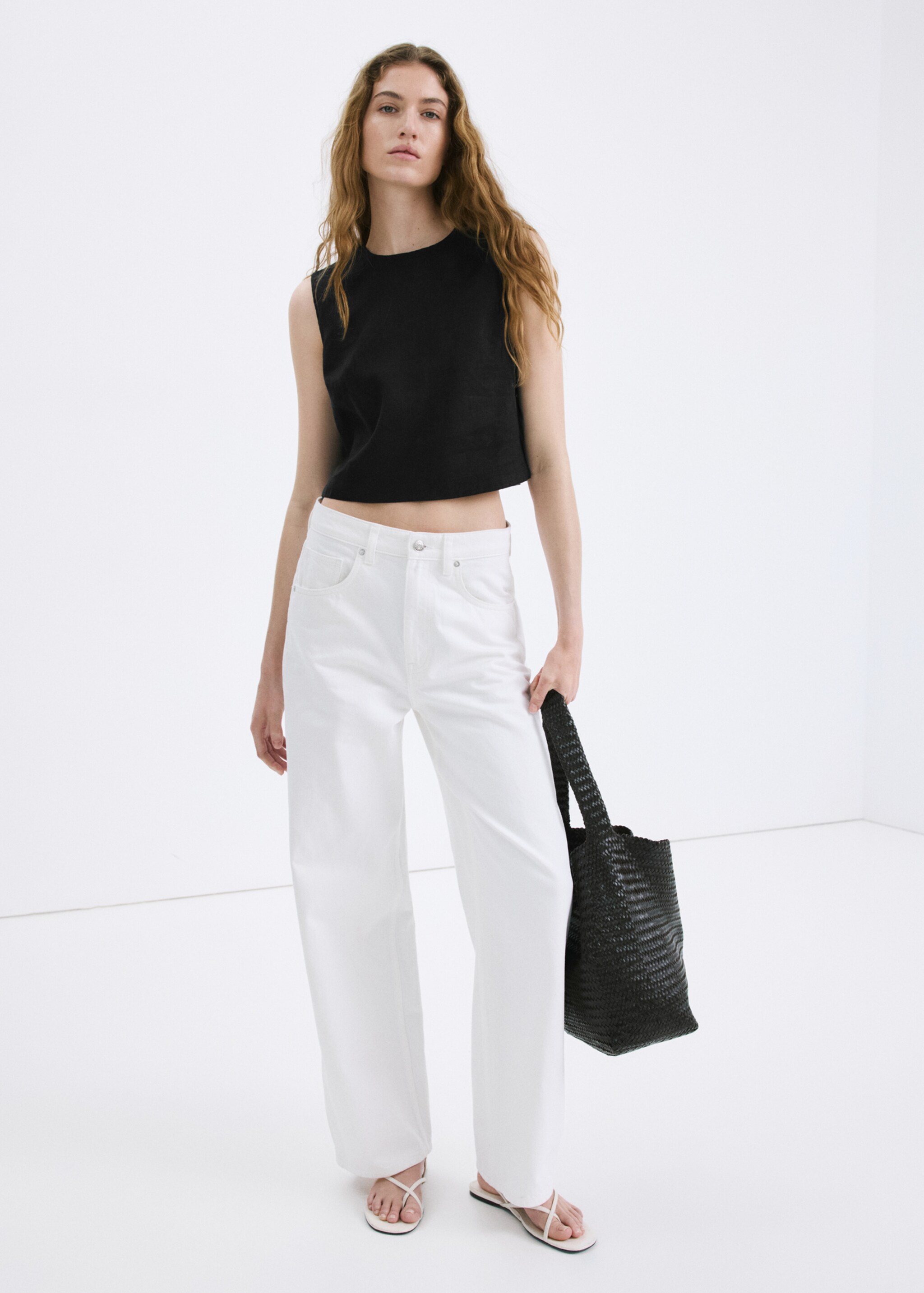 100% linen crop top - General plane, Black. Ref: 27037157-00.