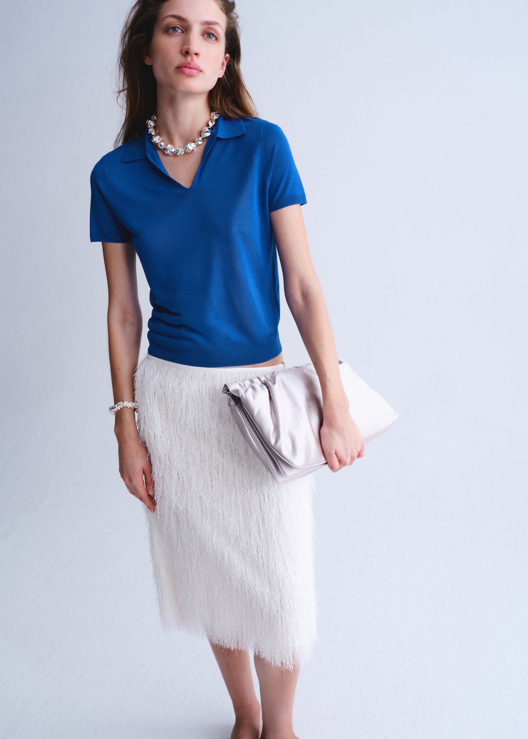 Jersey lyocell cuello polo - Plano general, Azul porcelana. Ref: 27037165-00.