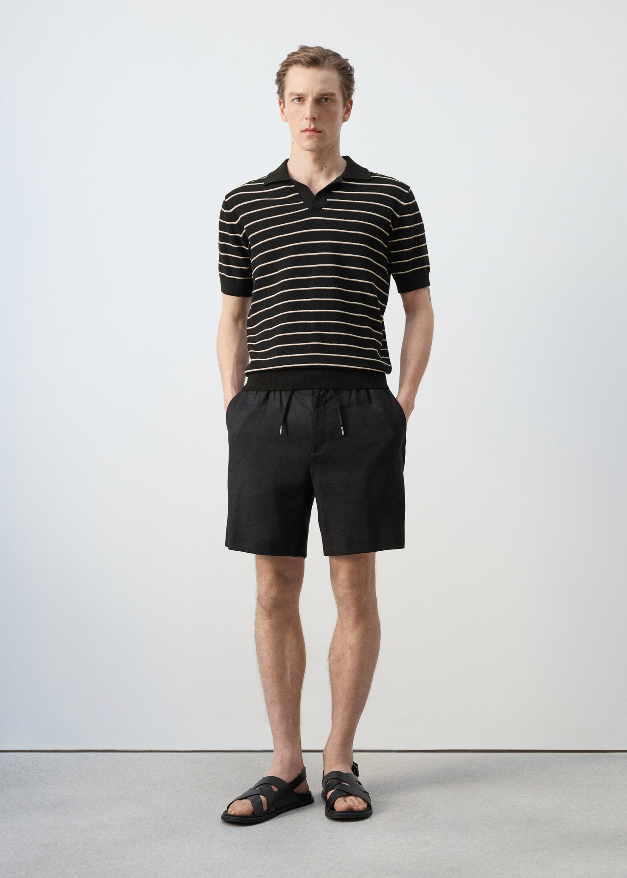 قميص بولو قطني منسوج مخطط - رؤية عامة, أسود. Ref: 27037914-00.