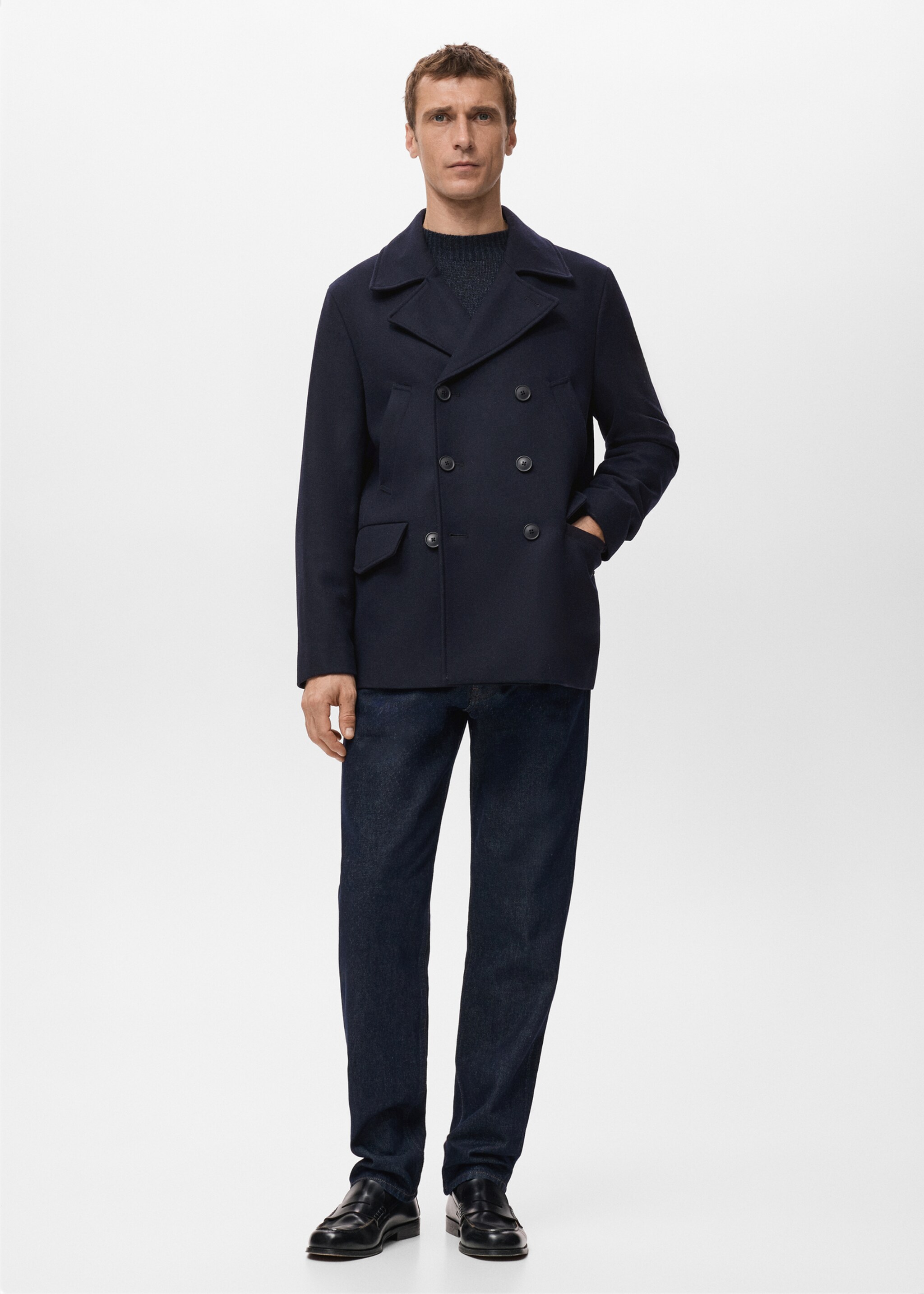 Short Double-Breasted Wool Coat - General plane, Navy. Ref: 27041178-00.
