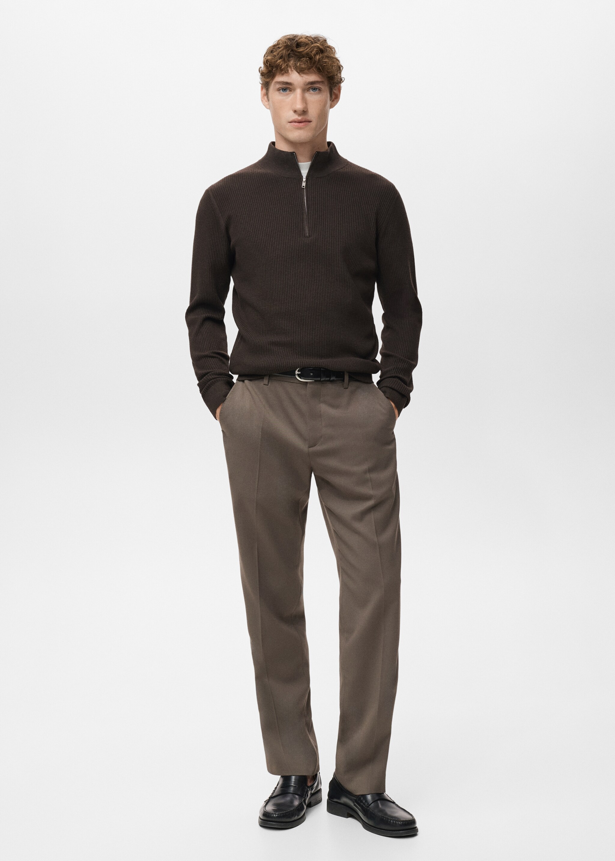 Pull-over maille côtelée col zippé - Plan général, Chocolat. Ref: 27041283-00.