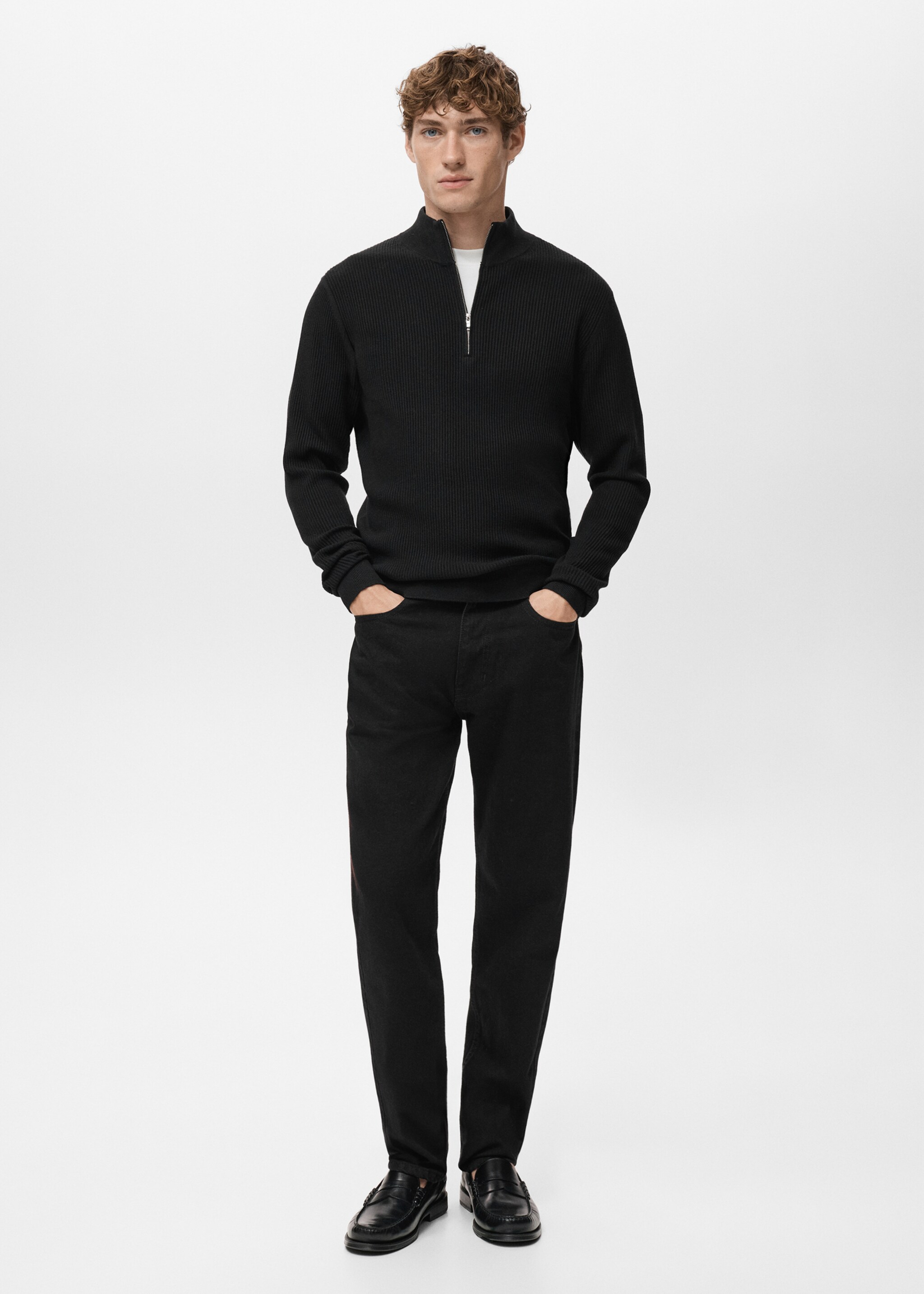 Джемпер в рубчик с воротником и молнией - Общий план, Черный. Ref: 27041283-00.