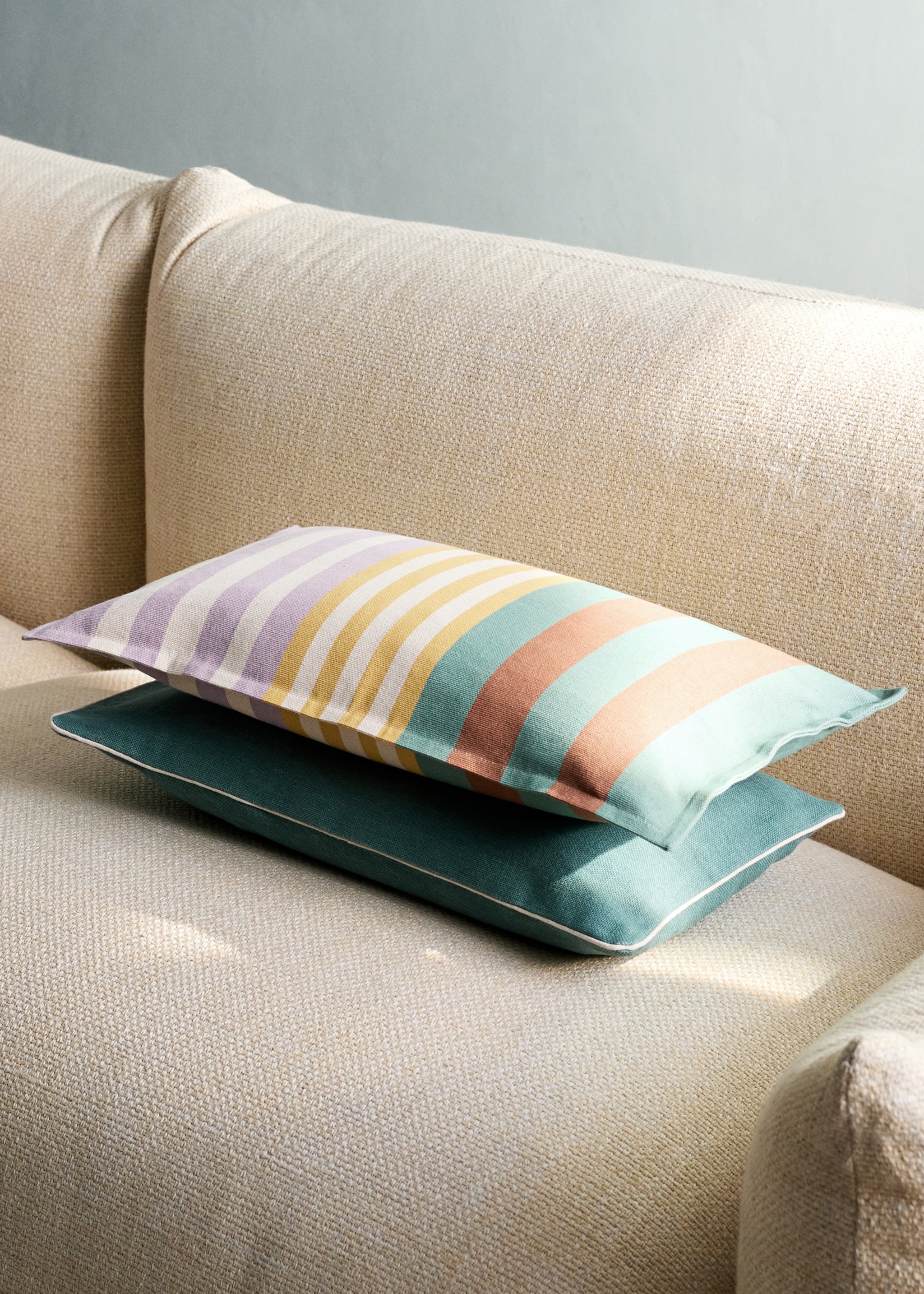 Cotton cushion cover with striped design 30x50 cm - General plane, Green. Ref: 27042924-00.