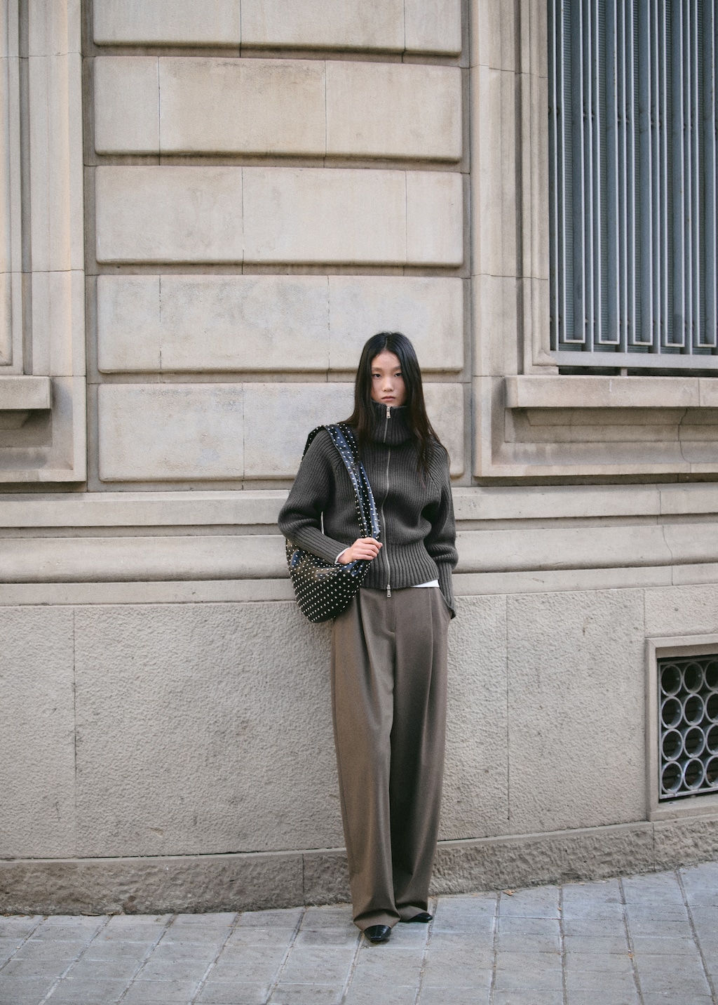 Funnel-neck knit cardigan