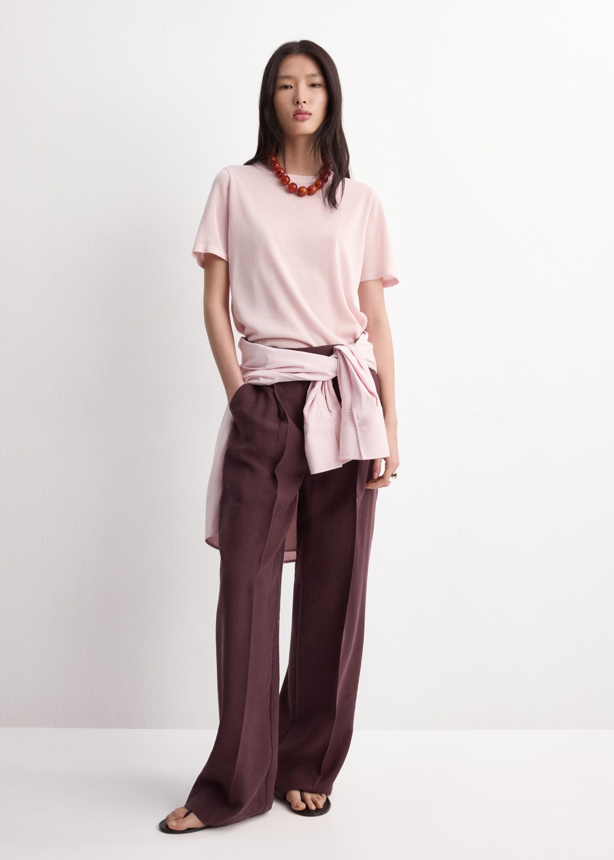 Short-sleeved knitted sweater - General plane, Pastel Pink. Ref: 27045820-00.