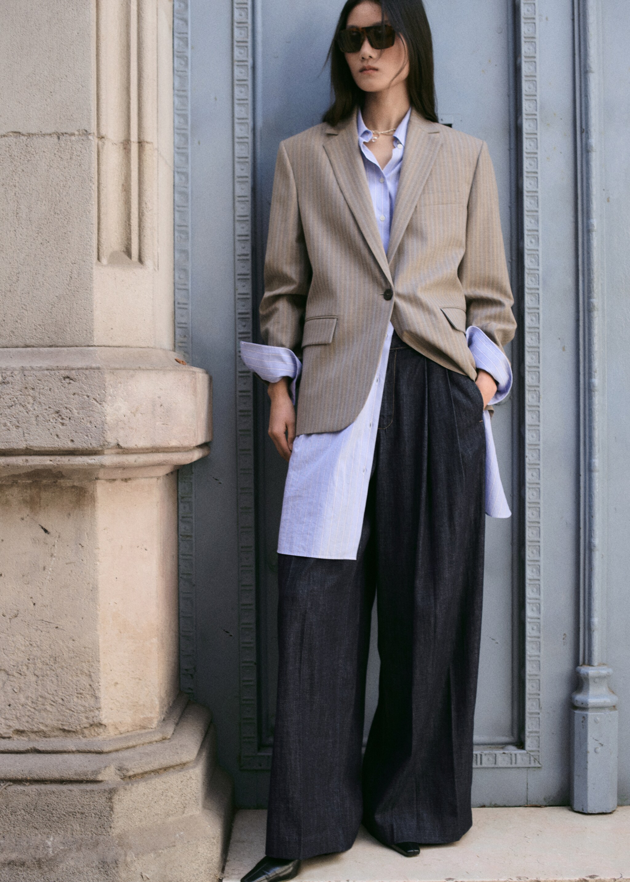 Wide leg denim trousers with belt loops - General plane, Open Blue. Ref: 27045823-00.