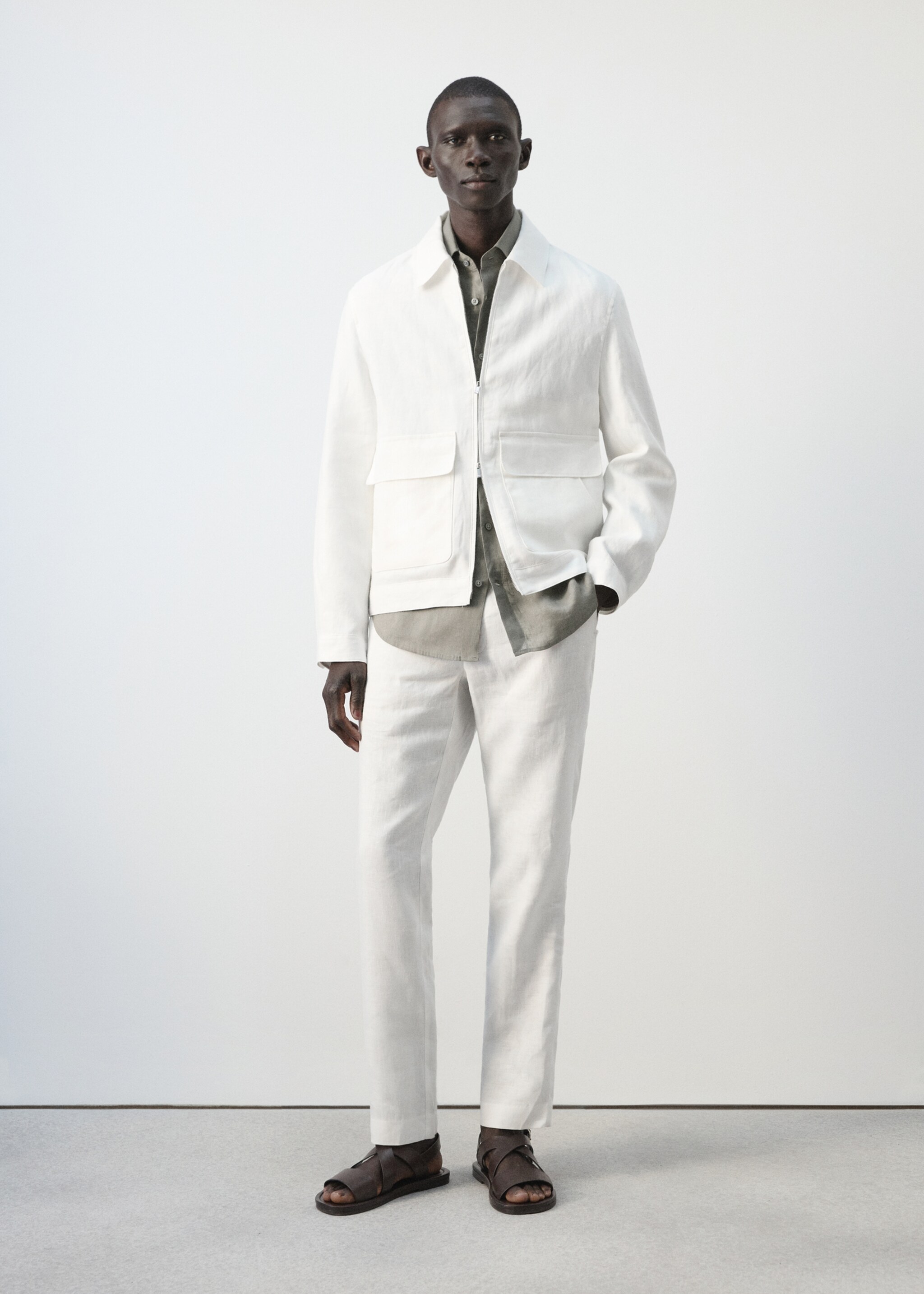 Chaqueta 100% lino bolsillos - Plano general, Blanco. Ref: 27045930-00.