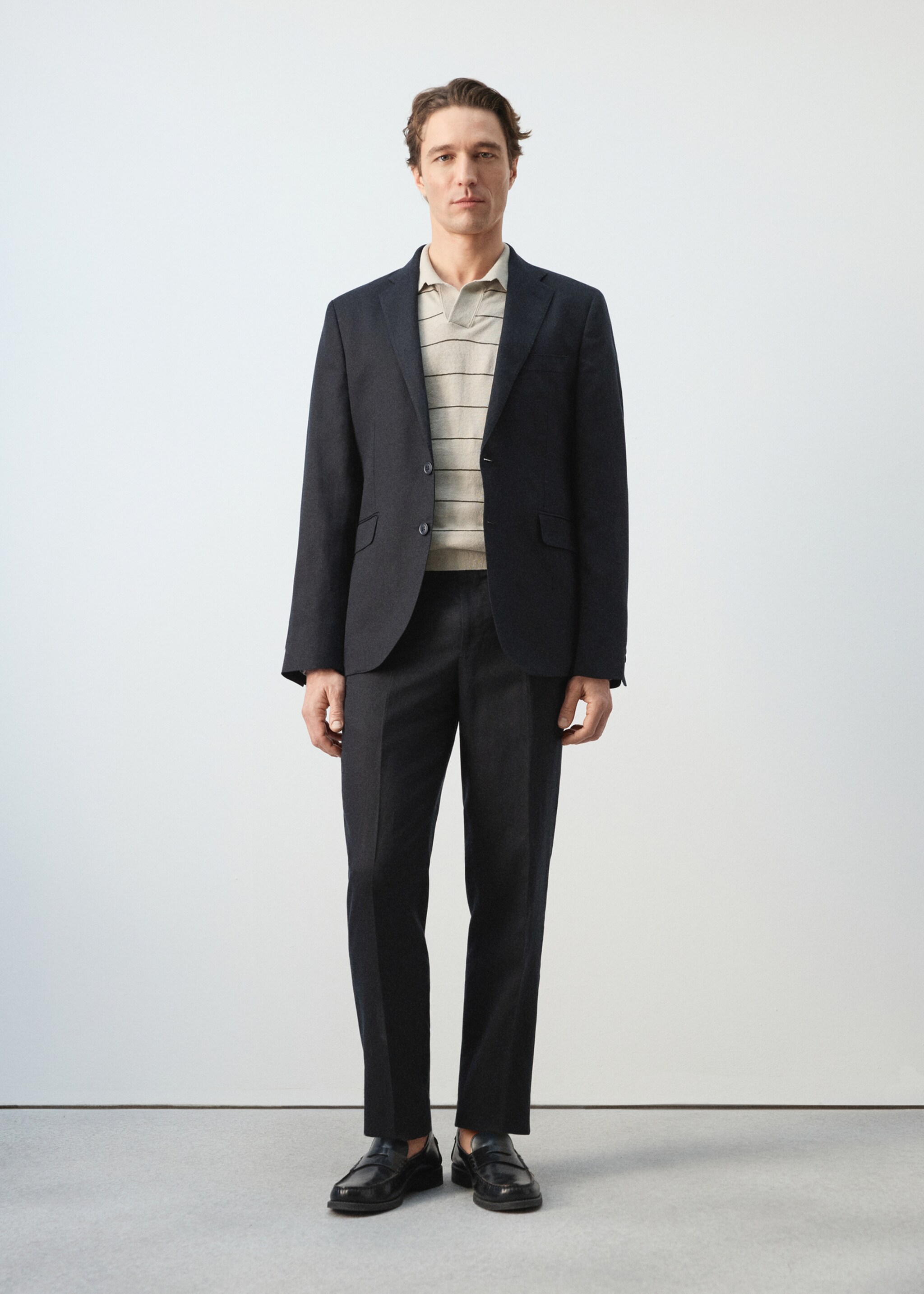 بولو جيرسي مزيج كتان مخطط - رؤية عامة, بيج. Ref: 27045943-00.